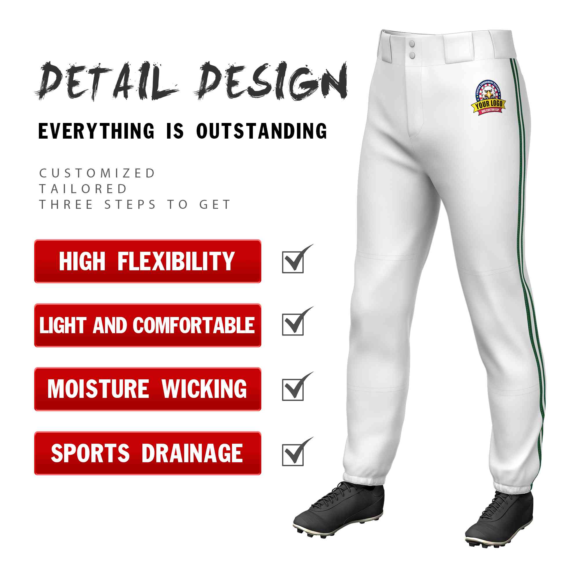 Pantalon de baseball pull-up extensible, personnalisé, blanc, vert, blanc-vert, coupe classique