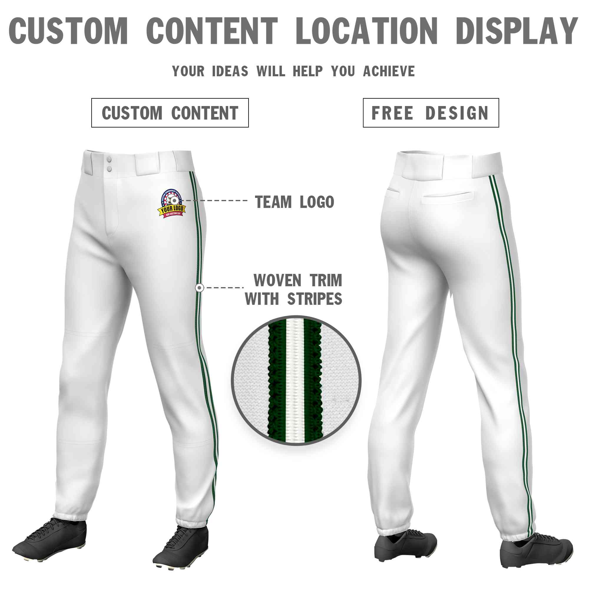 Pantalon de baseball pull-up extensible, personnalisé, blanc, vert, blanc-vert, coupe classique