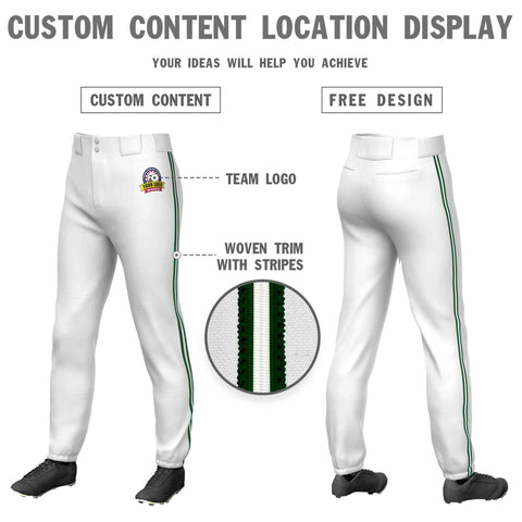 Custom White Green White-Green Classic Fit Stretch Practice Pull-up Baseball Pants
