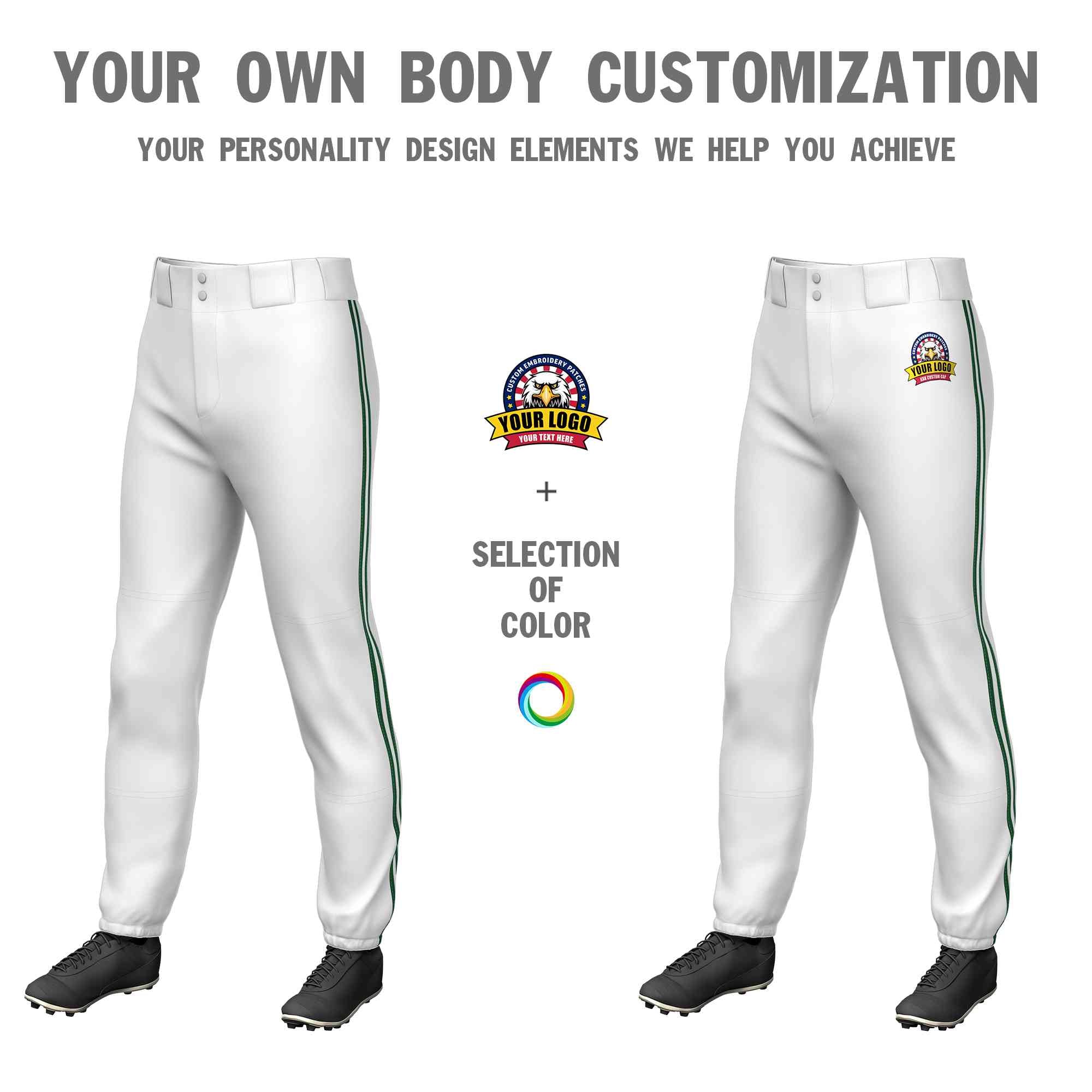 Pantalon de baseball pull-up extensible, personnalisé, blanc, vert, blanc-vert, coupe classique