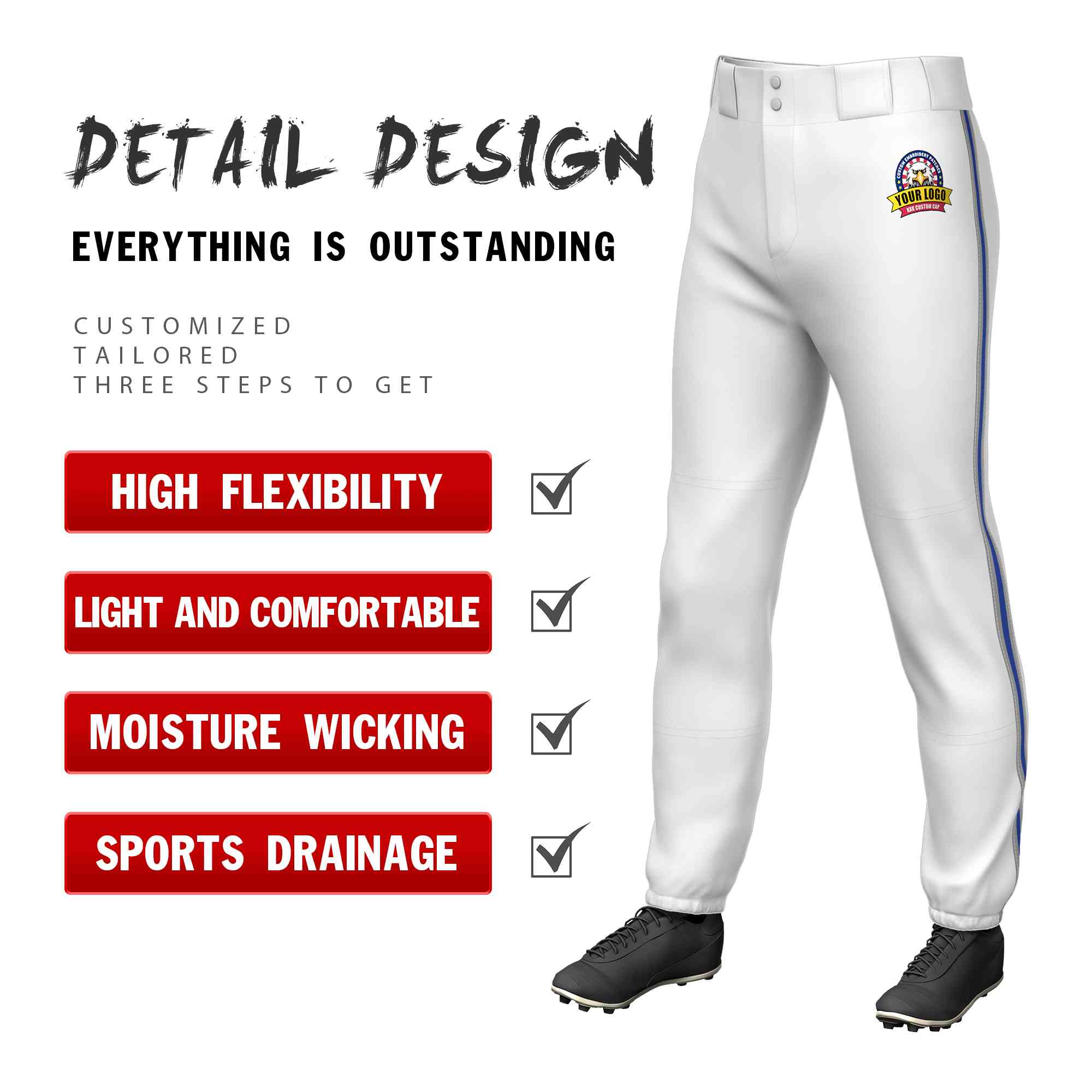 Custom White Gray Royal-Gray Classic Fit Stretch Practice Pull-up Baseball Pants