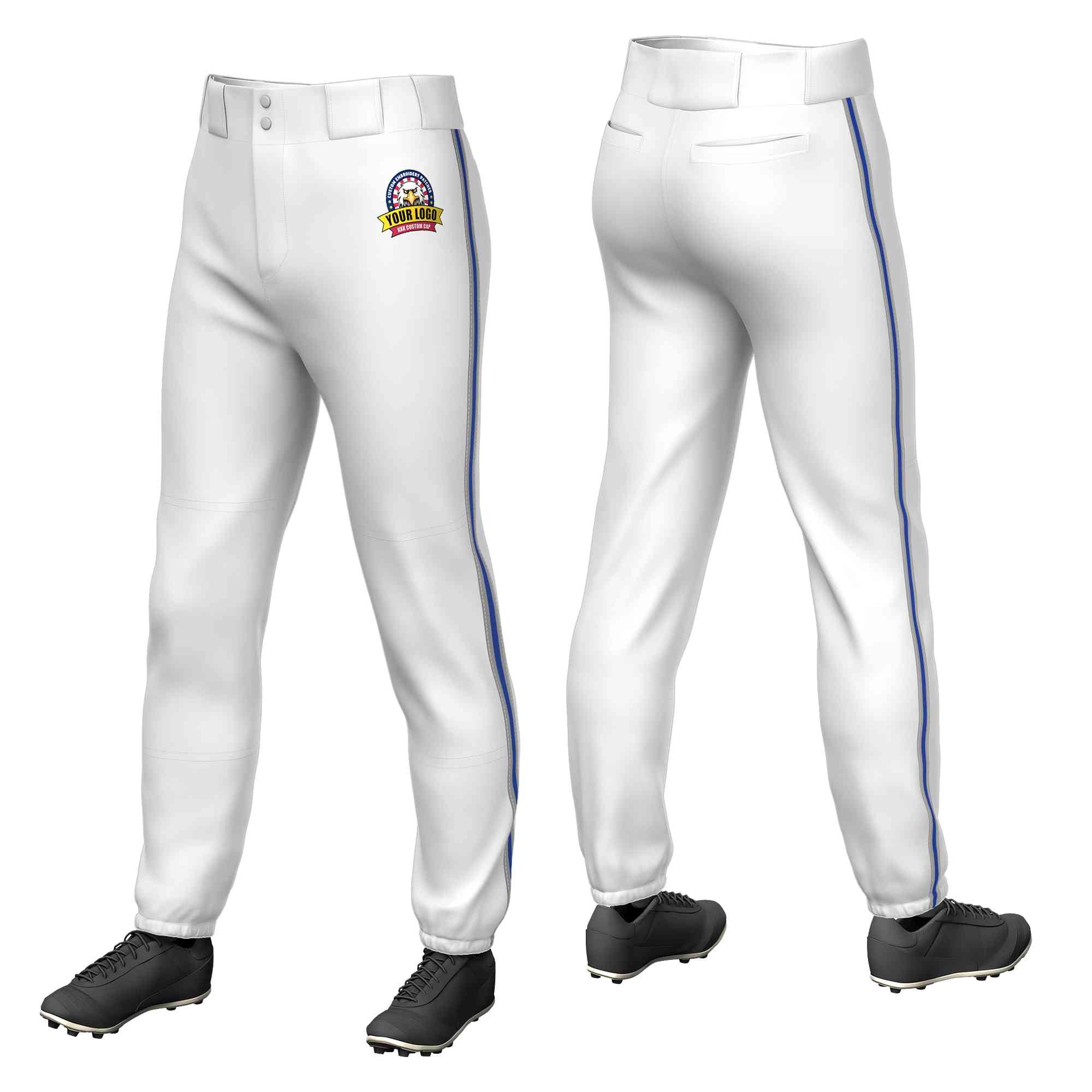 Custom White Gray Royal-Gray Classic Fit Stretch Practice Pull-up Baseball Pants