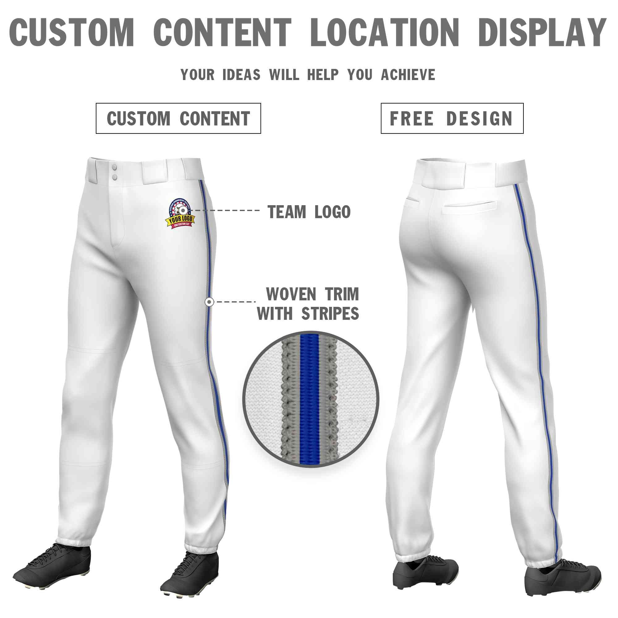 Custom White Gray Royal-Gray Classic Fit Stretch Practice Pull-up Baseball Pants