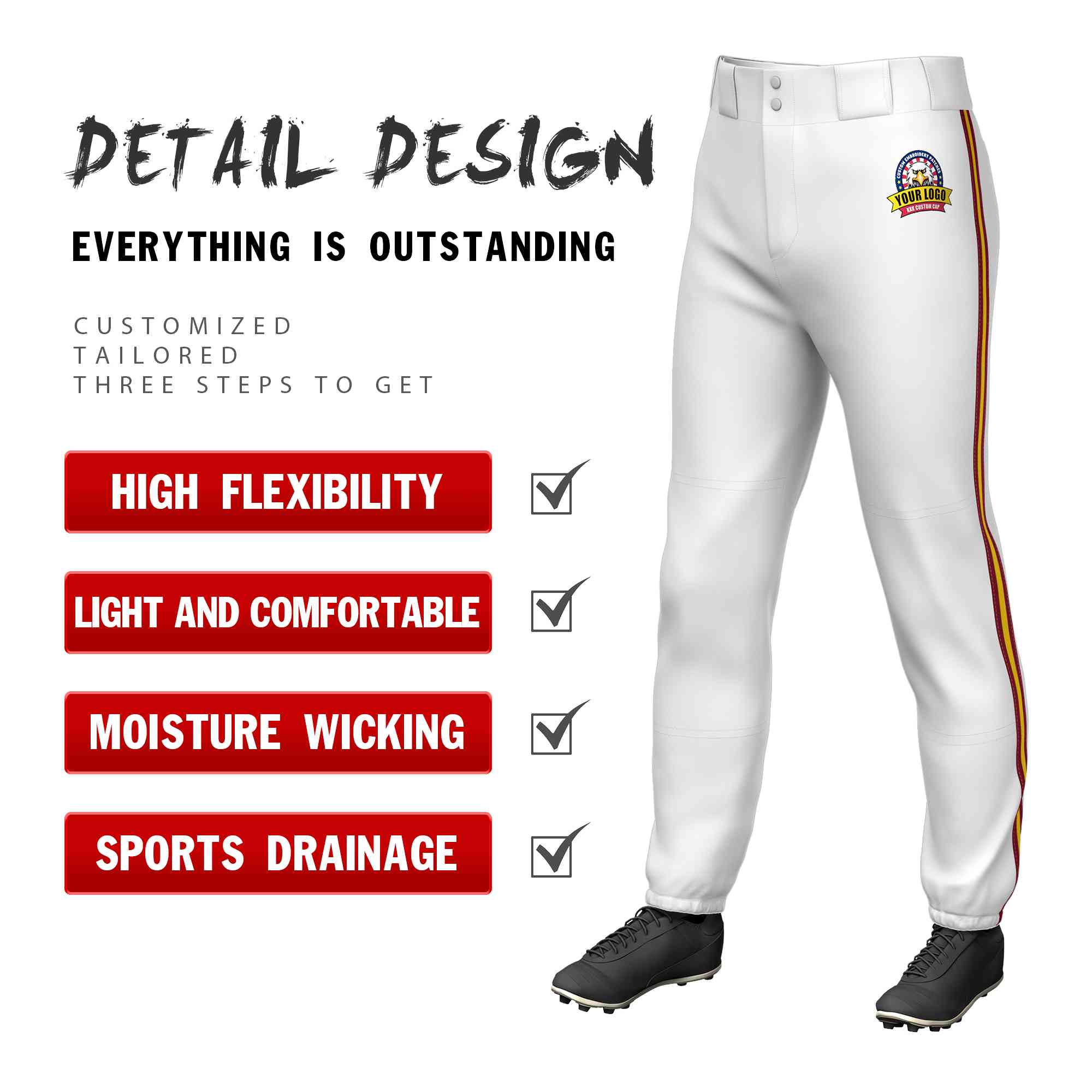 Custom White Crimson Gold-Crimson Classic Fit Stretch Practice Pull-up Baseball Pants