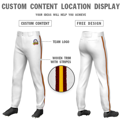 Custom White Crimson Gold-Crimson Classic Fit Stretch Practice Pull-up Baseball Pants