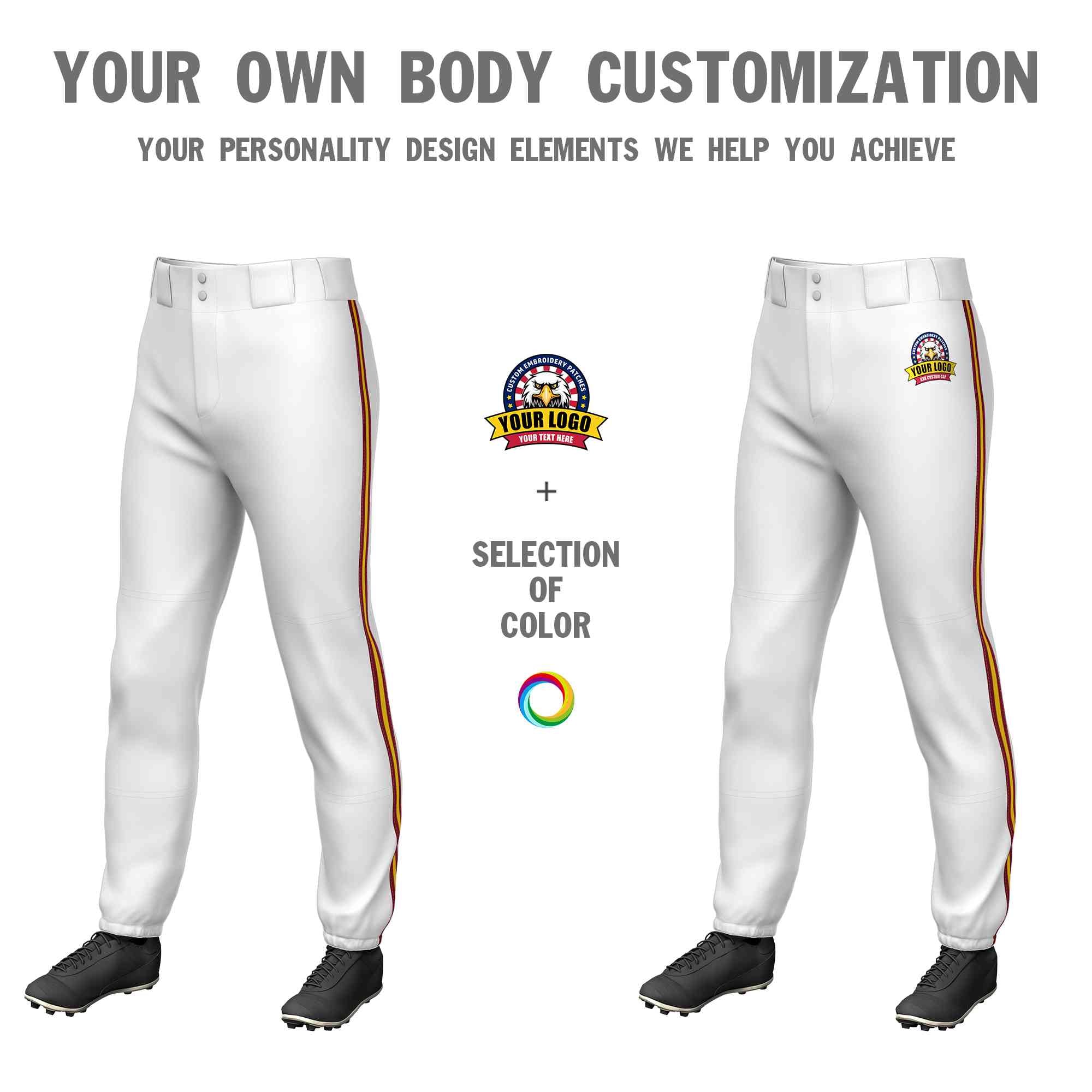 Custom White Crimson Gold-Crimson Classic Fit Stretch Practice Pull-up Baseball Pants