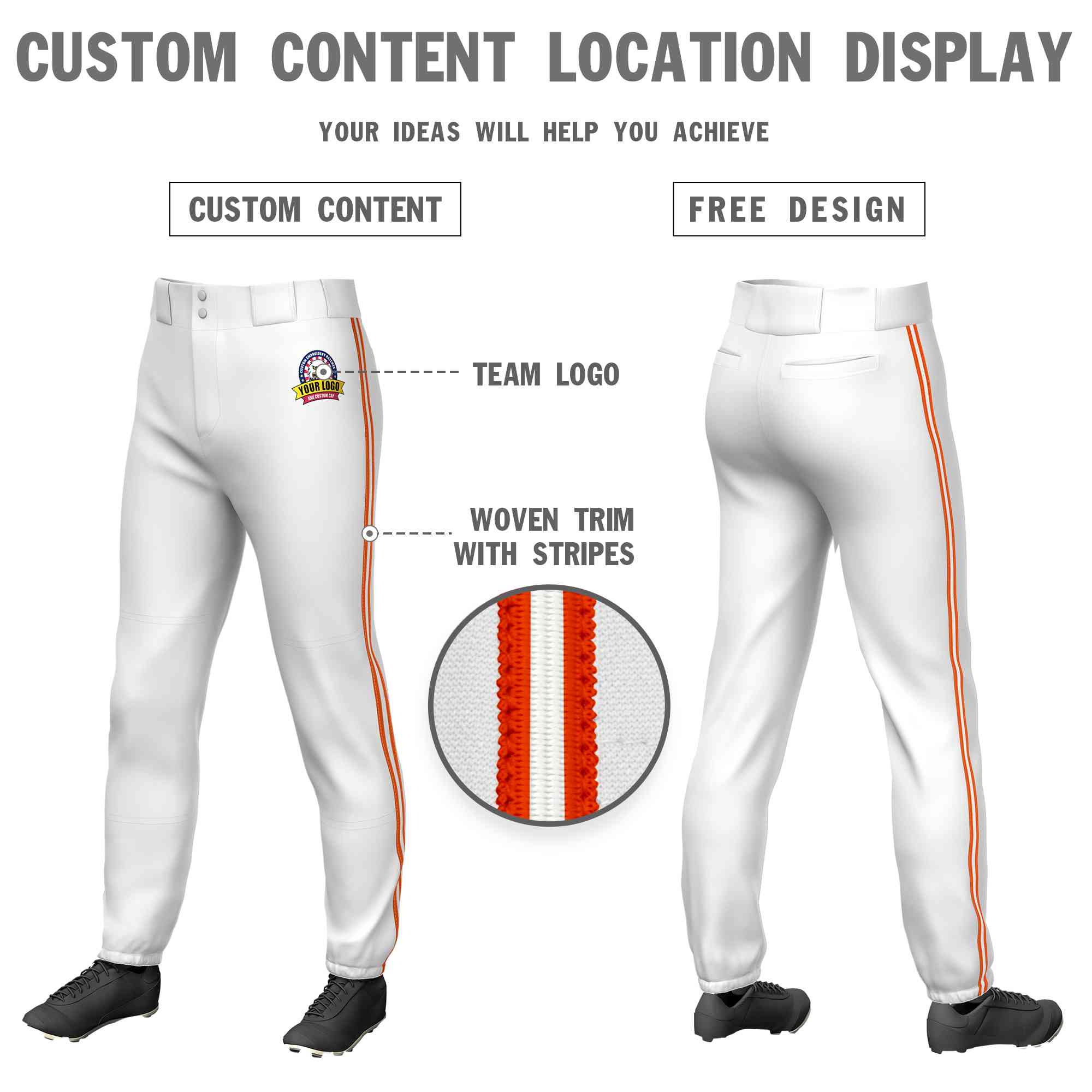 Custom White Orange White-Orange Classic Fit Stretch Practice Pull-up Baseball Pants