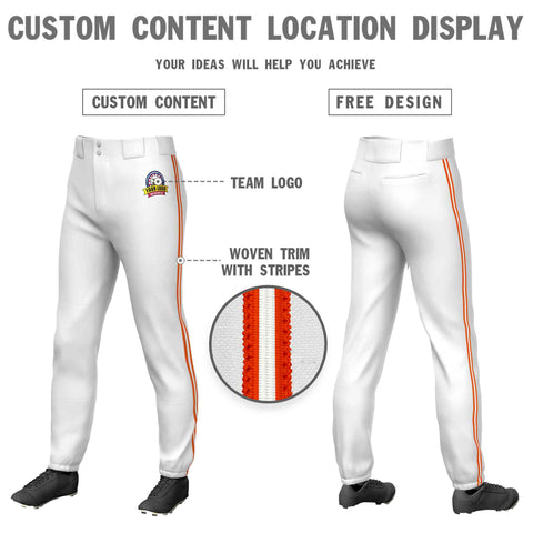 Custom White Orange White-Orange Classic Fit Stretch Practice Pull-up Baseball Pants