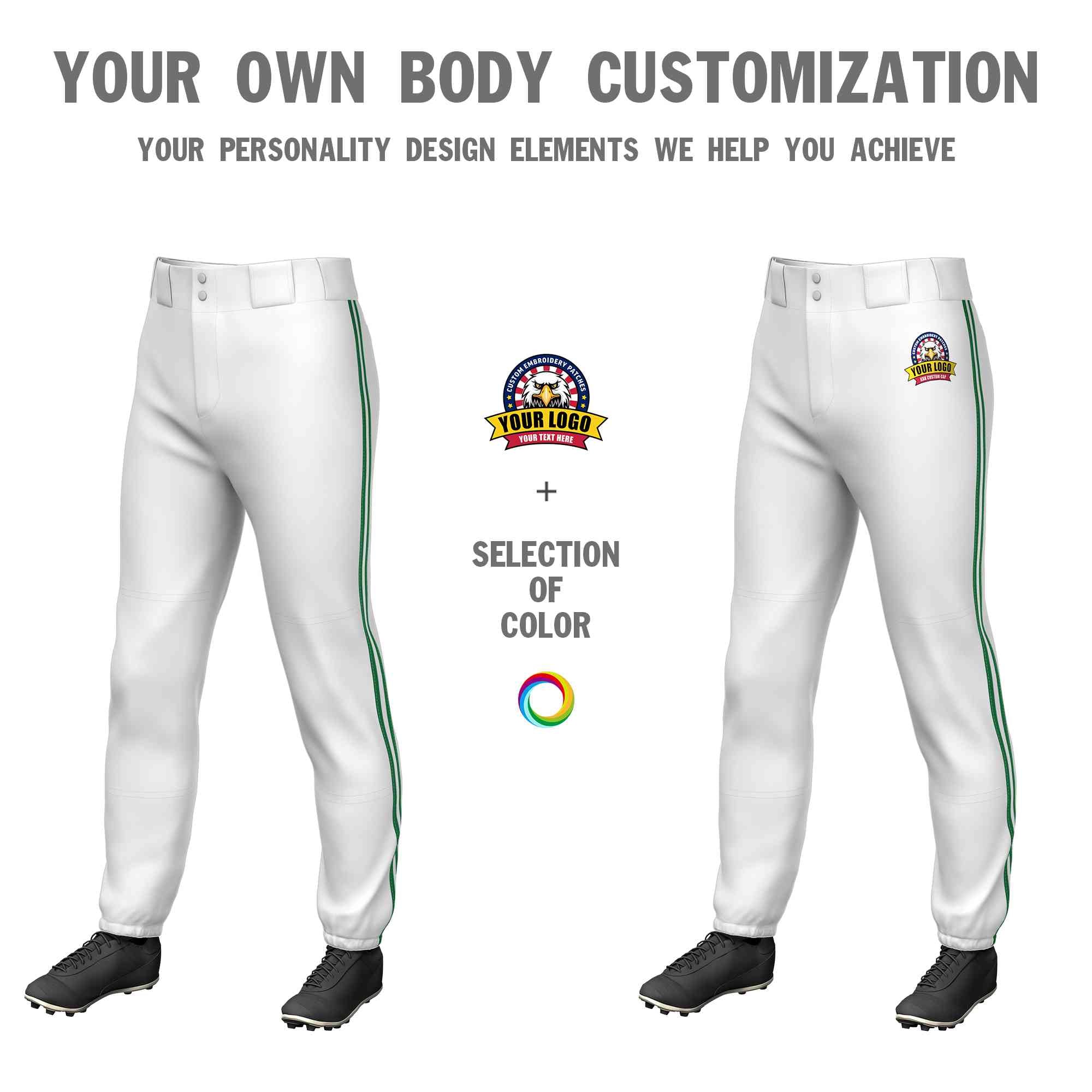 Custom White Kelly Green White-Kelly Green Classic Fit Stretch Practice Pull-up Baseball Pants