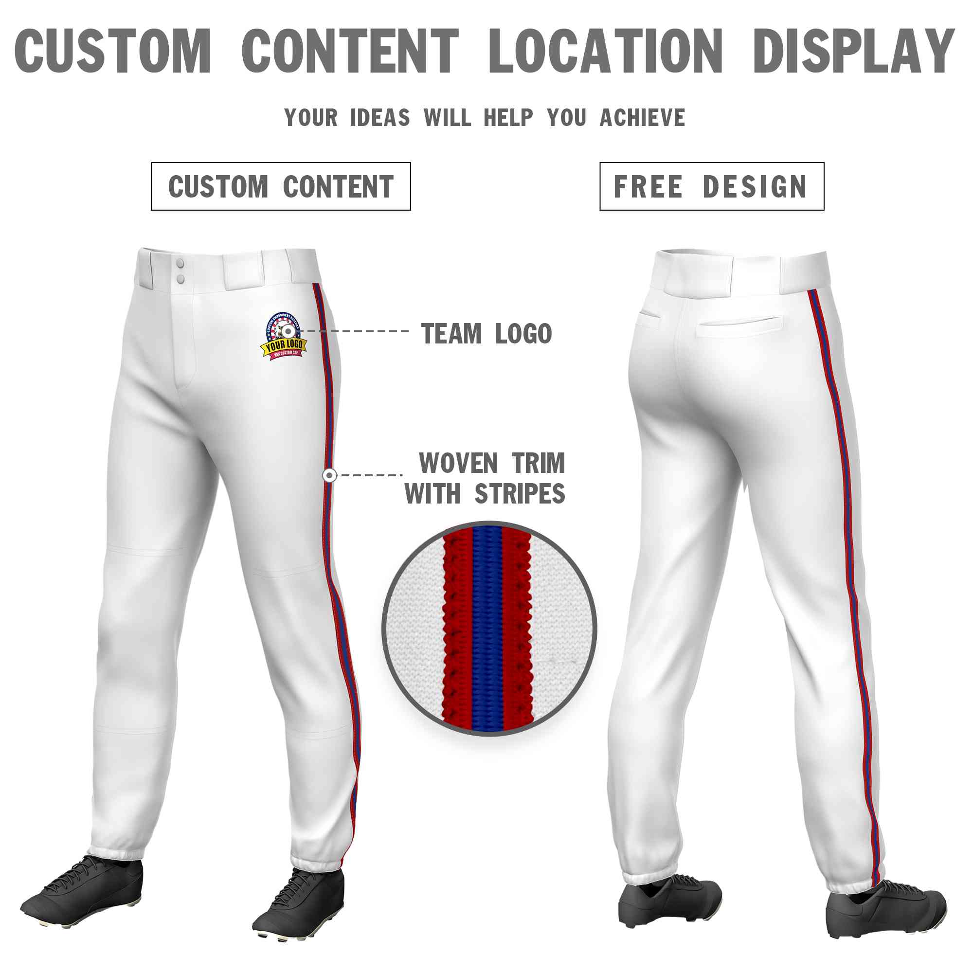 Custom White Red Royal-Red Classic Fit Stretch Practice Pull-up Baseball Pants