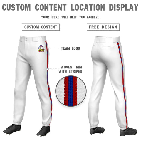 Custom White Red Royal-Red Classic Fit Stretch Practice Pull-up Baseball Pants