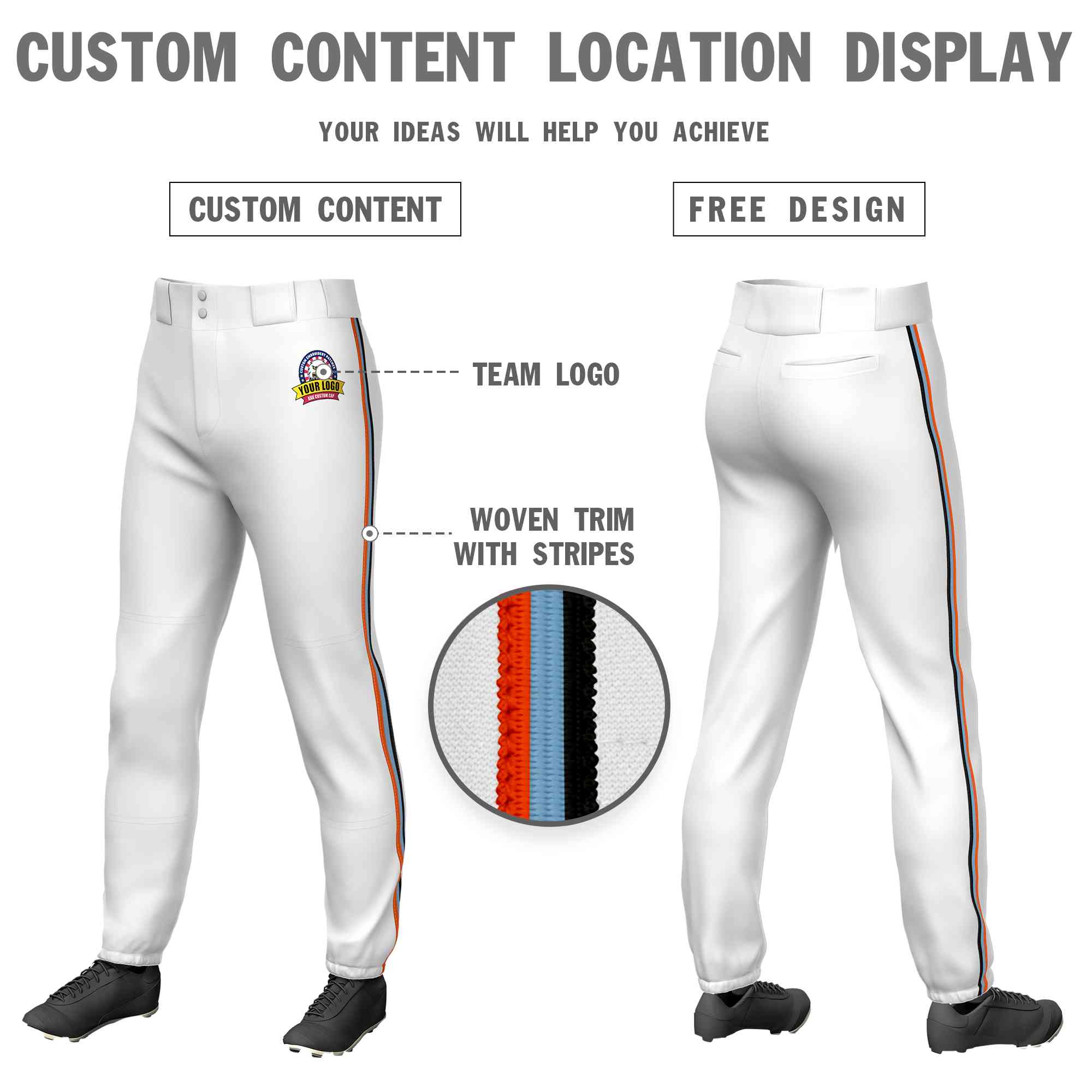 Custom White Orange Light Blue-Black Classic Fit Stretch Practice Pull-up Baseball Pants