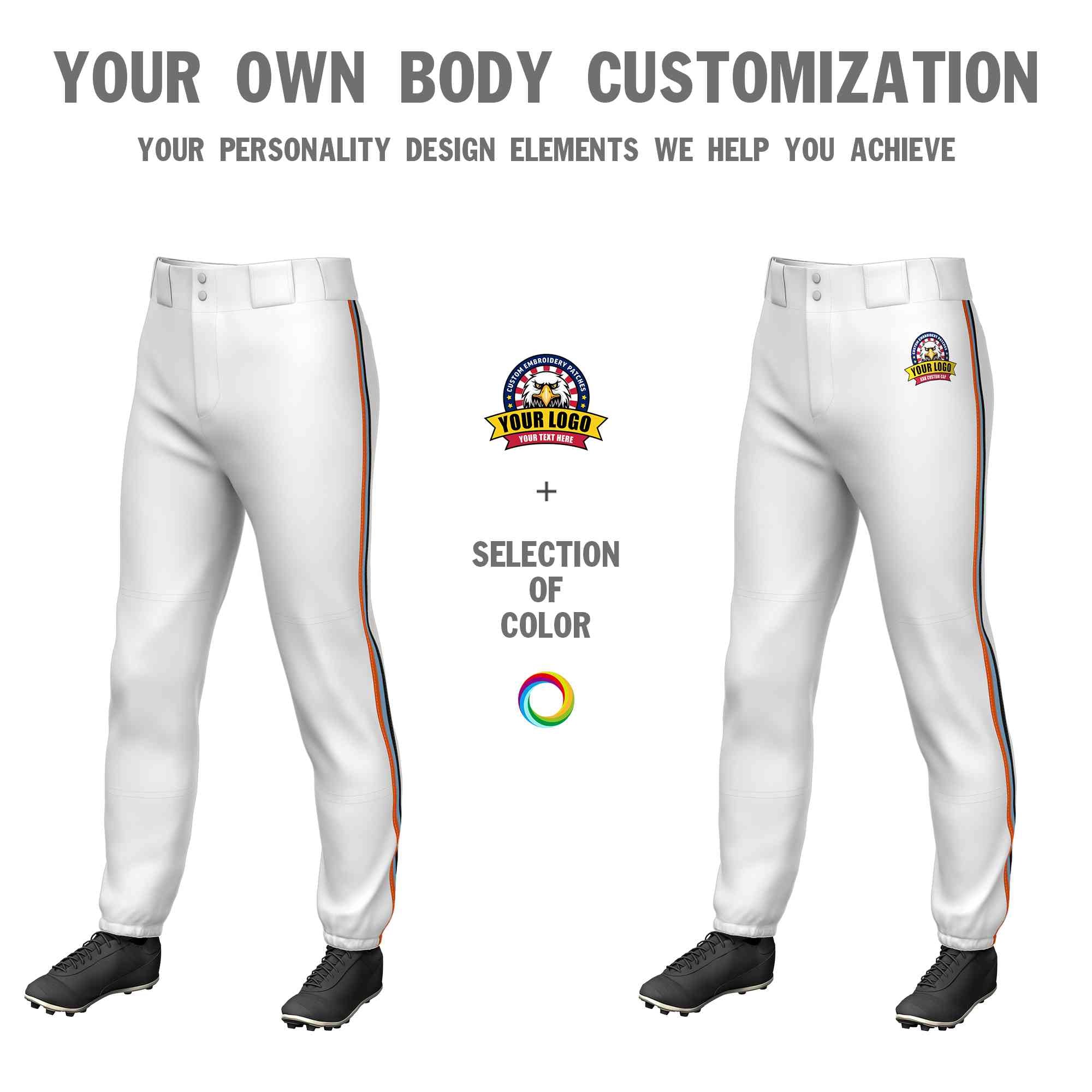 Custom White Orange Light Blue-Black Classic Fit Stretch Practice Pull-up Baseball Pants