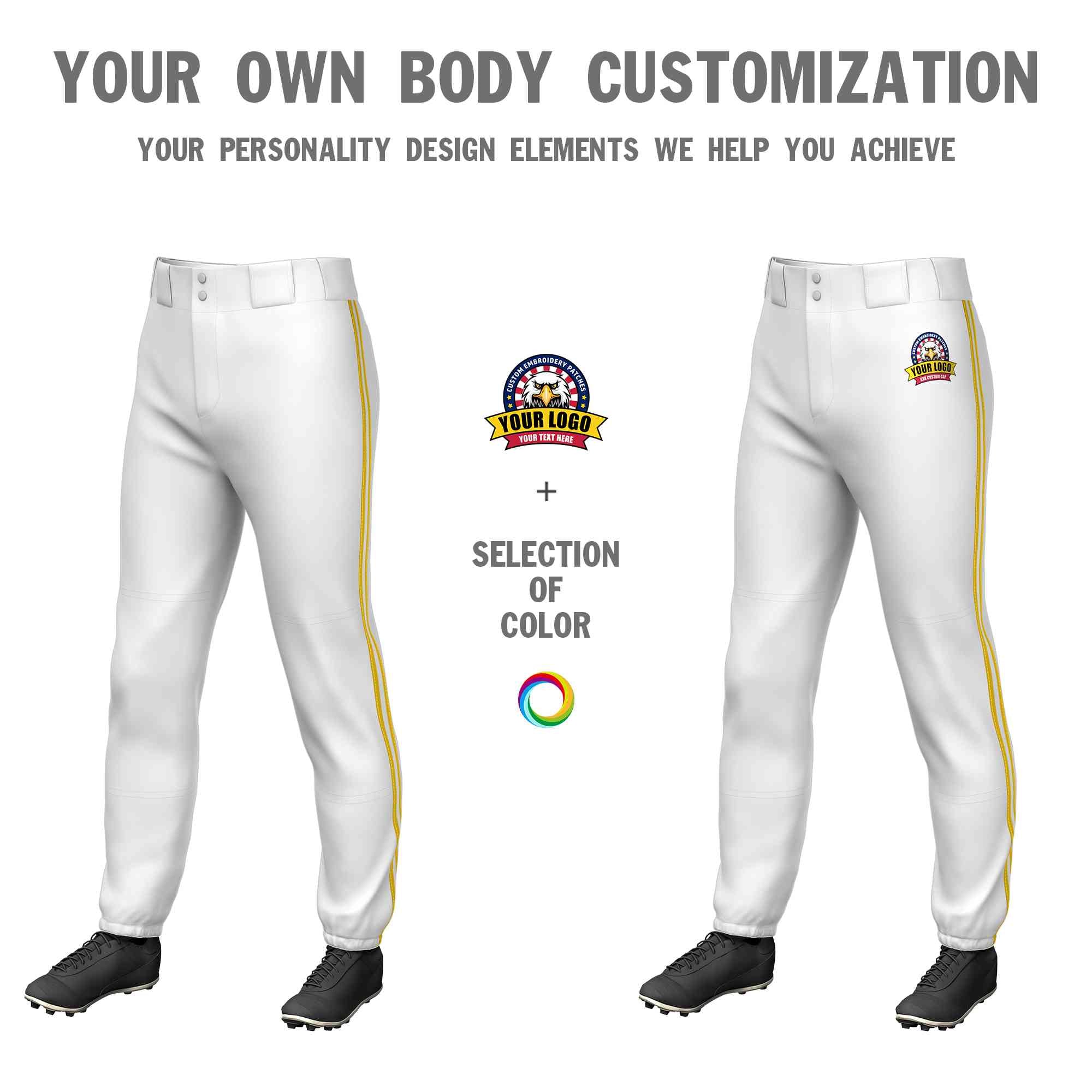 Custom White Gold White-Gold Classic Fit Stretch Practice Pull-up Baseball Pants