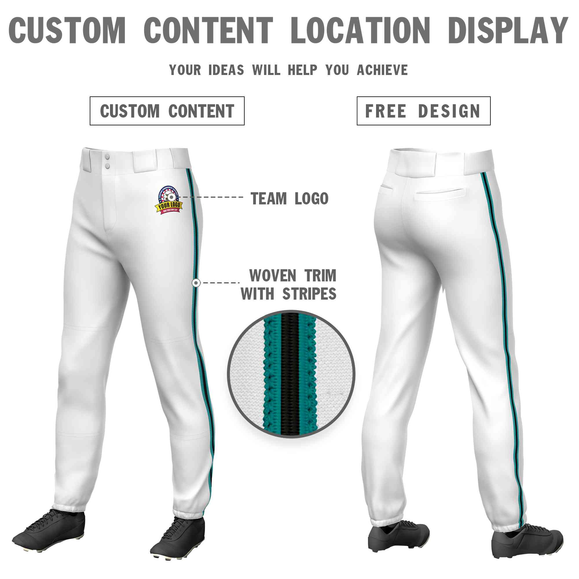 Custom White Aqua Black-Aqua Classic Fit Stretch Practice Pull-up Baseball Pants