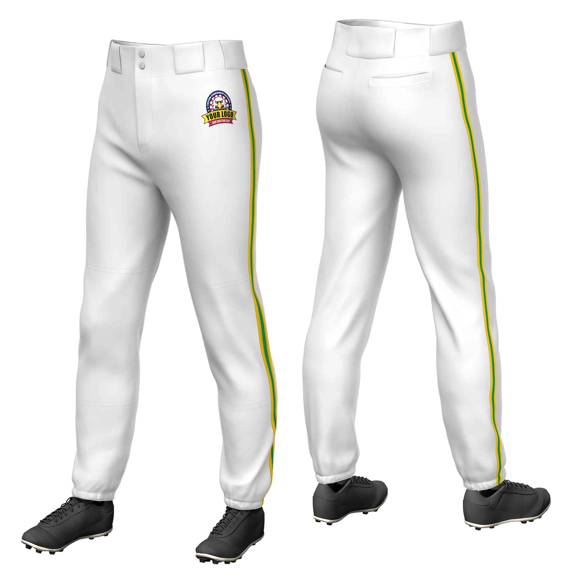 Custom White Gold Kelly Green-Gold Pantalon de baseball extensible à coupe classique