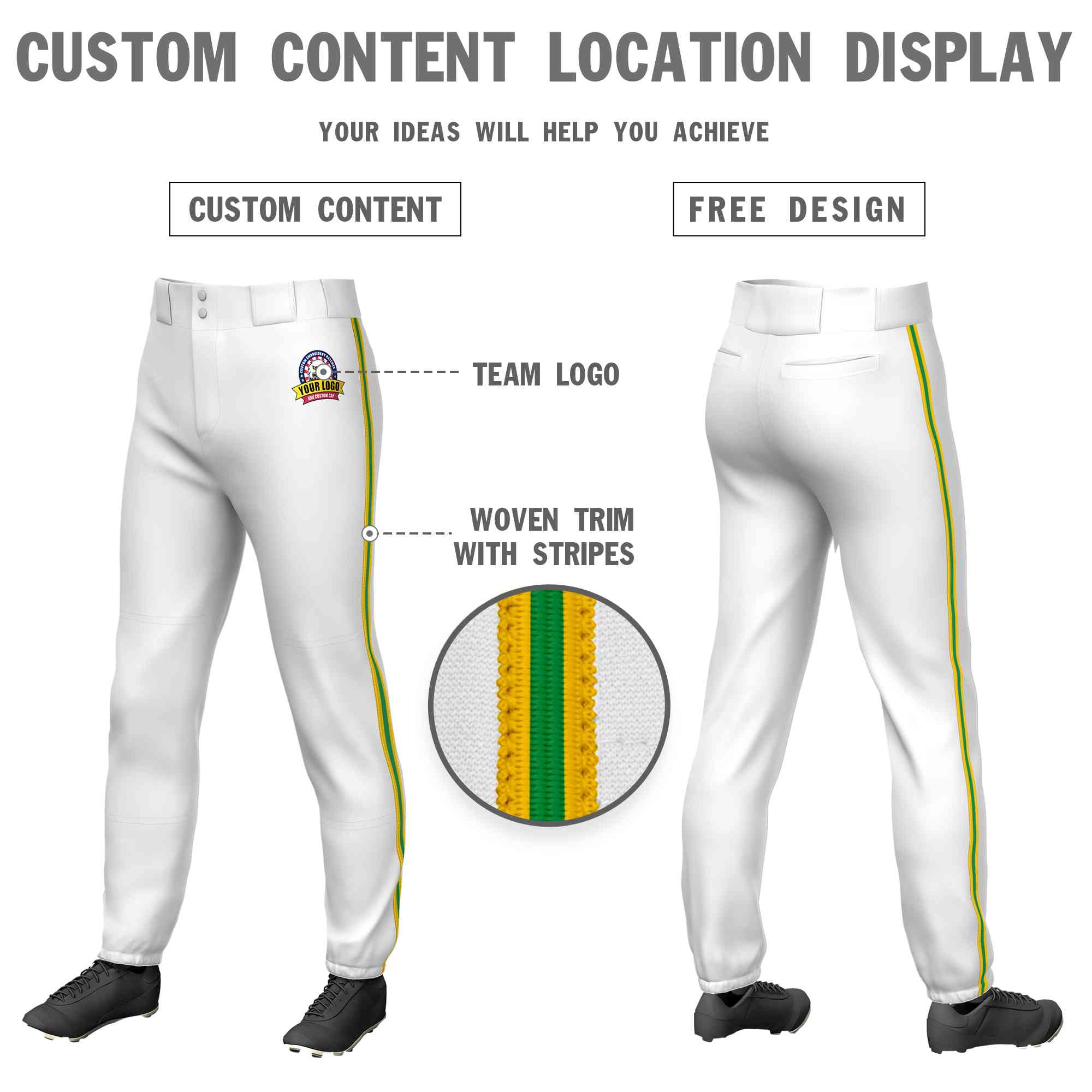 Custom White Gold Kelly Green-Gold Classic Fit Stretch Practice Pull-up Baseball Pants