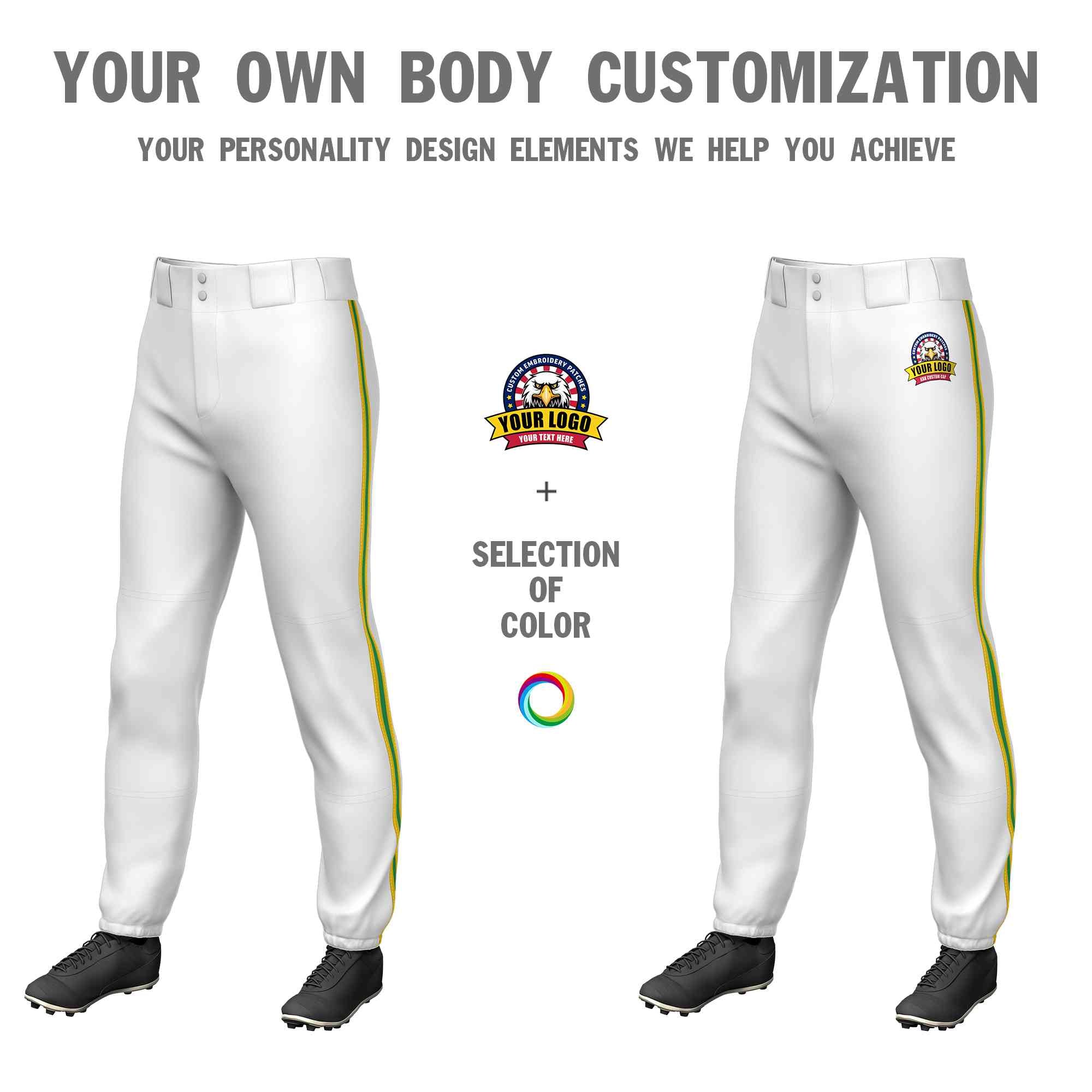 Custom White Gold Kelly Green-Gold Pantalon de baseball extensible à coupe classique