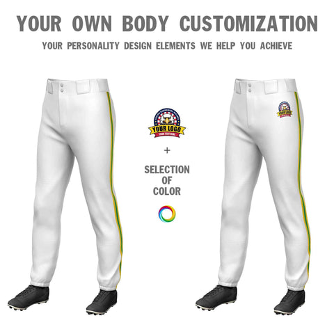 Custom White Gold Kelly Green-Gold Classic Fit Stretch Practice Pull-up Baseball Pants