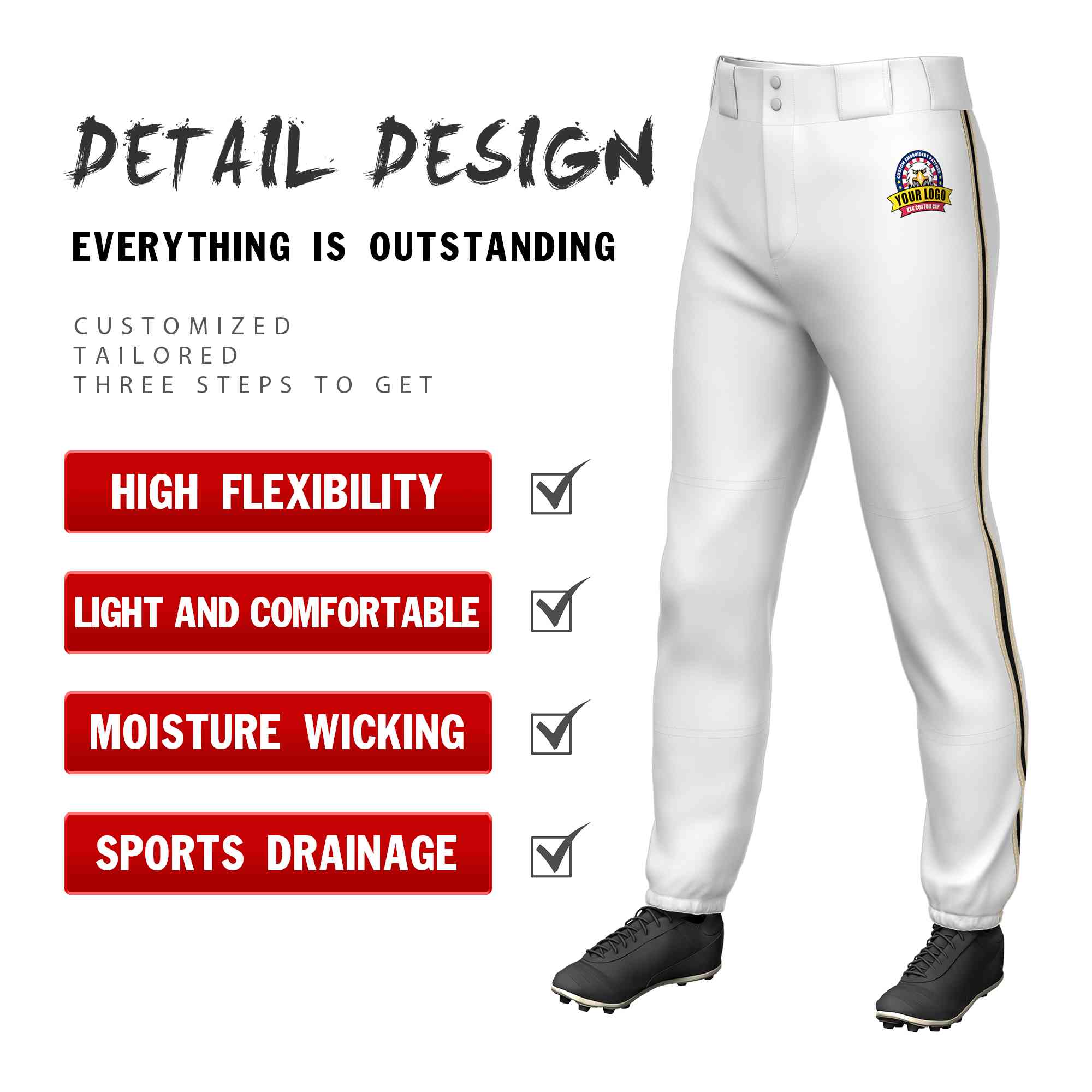 Custom White Khaki Black-Khaki Classic Fit Stretch Practice Pull-up Baseball Pants