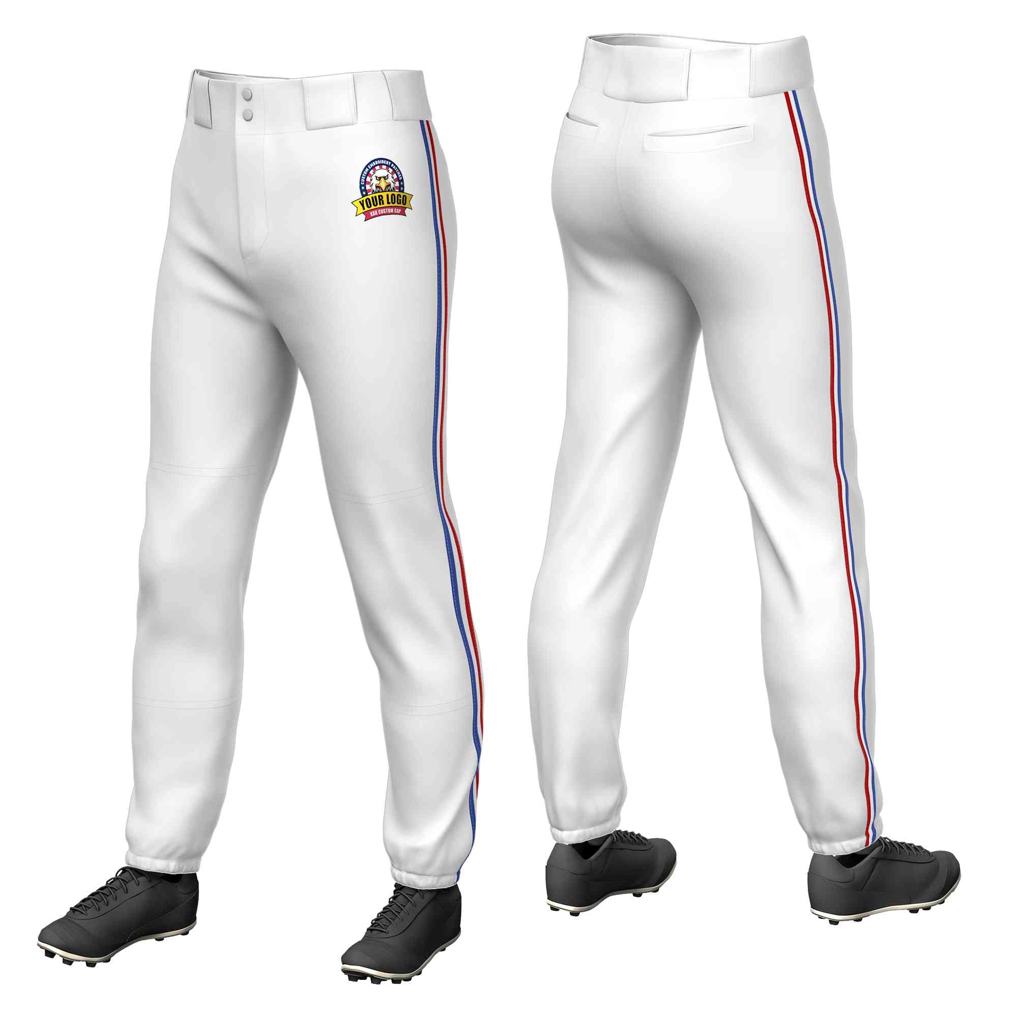 Custom White Royal White-Red Classic Fit Stretch Practice Pull-up Baseball Pants