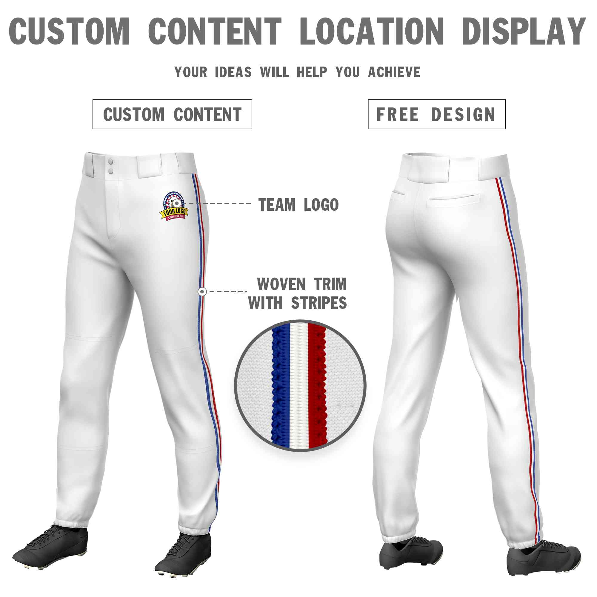 Pantalon de baseball à traction extensible, personnalisé, blanc royal, blanc-rouge, coupe classique