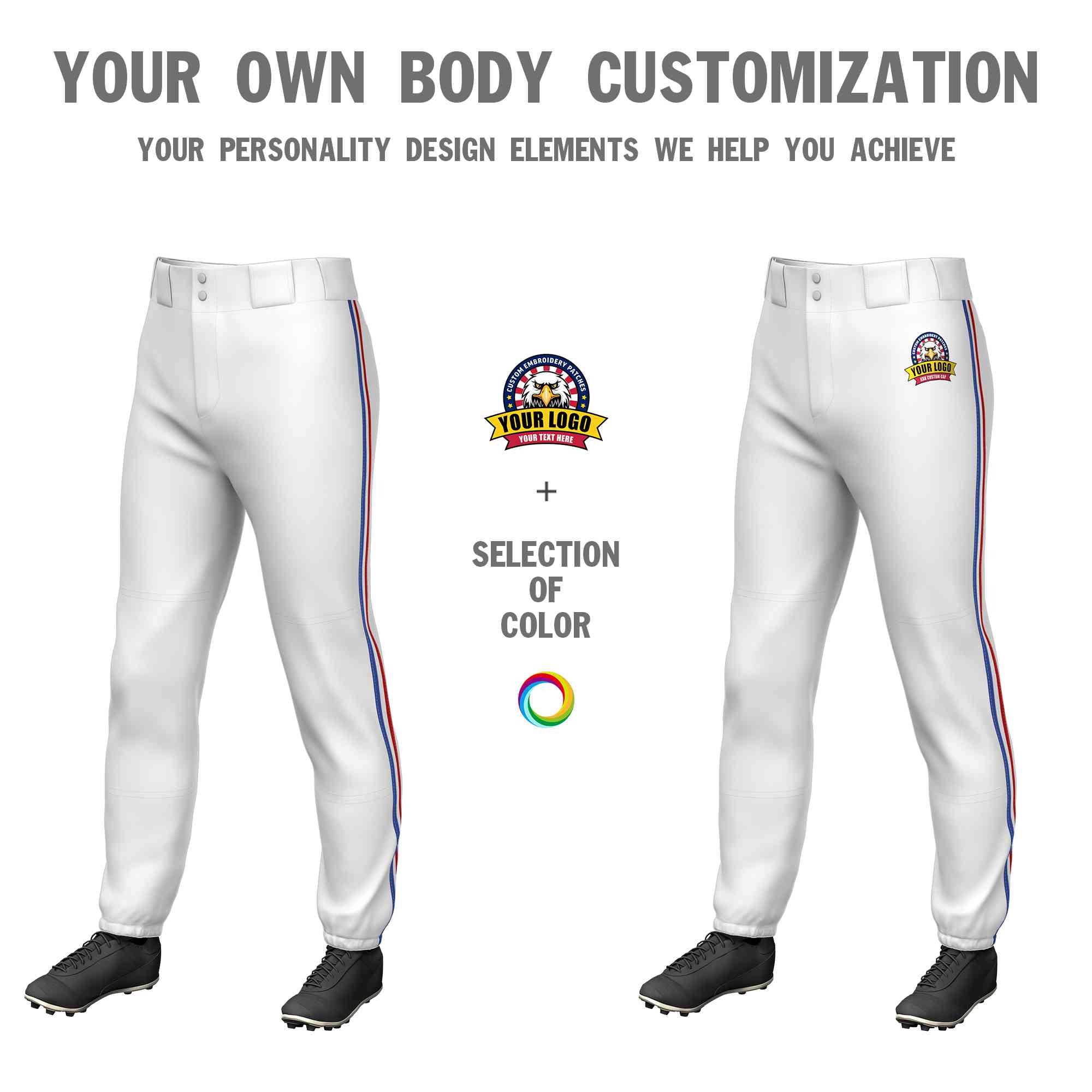 Pantalon de baseball à traction extensible, personnalisé, blanc royal, blanc-rouge, coupe classique