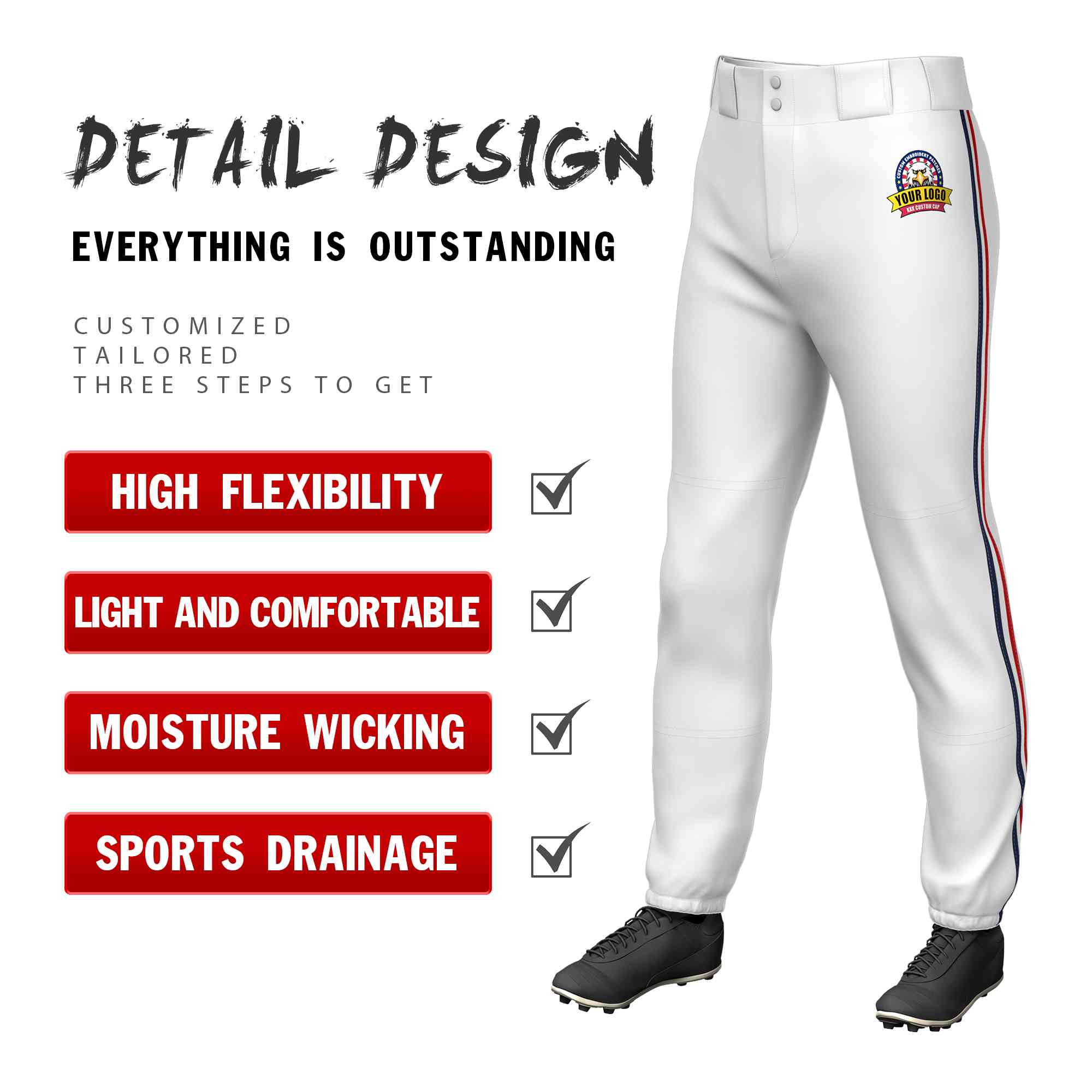 Custom White Navy White-Red Classic Fit Stretch Practice Pull-up Baseball Pants