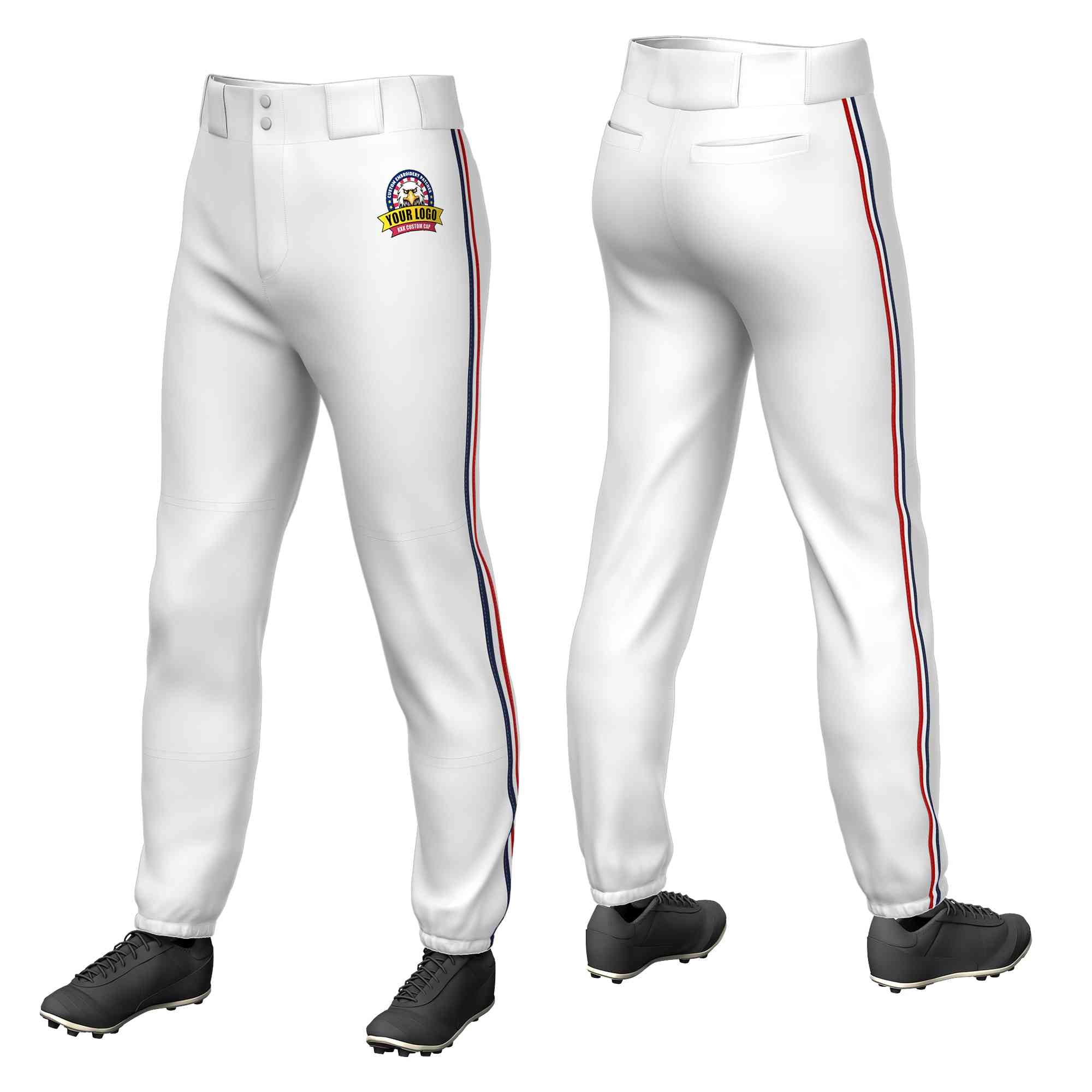 Pantalon de baseball pull-up extensible, personnalisé, blanc, bleu marine, blanc-rouge, coupe classique