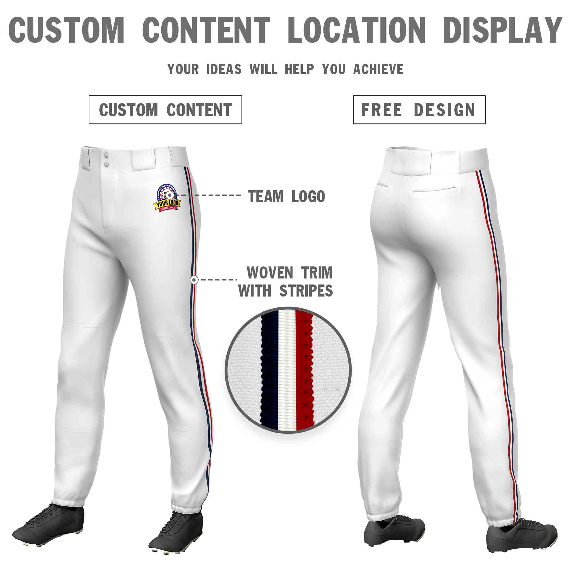 Pantalon de baseball pull-up extensible, personnalisé, blanc, bleu marine, blanc-rouge, coupe classique