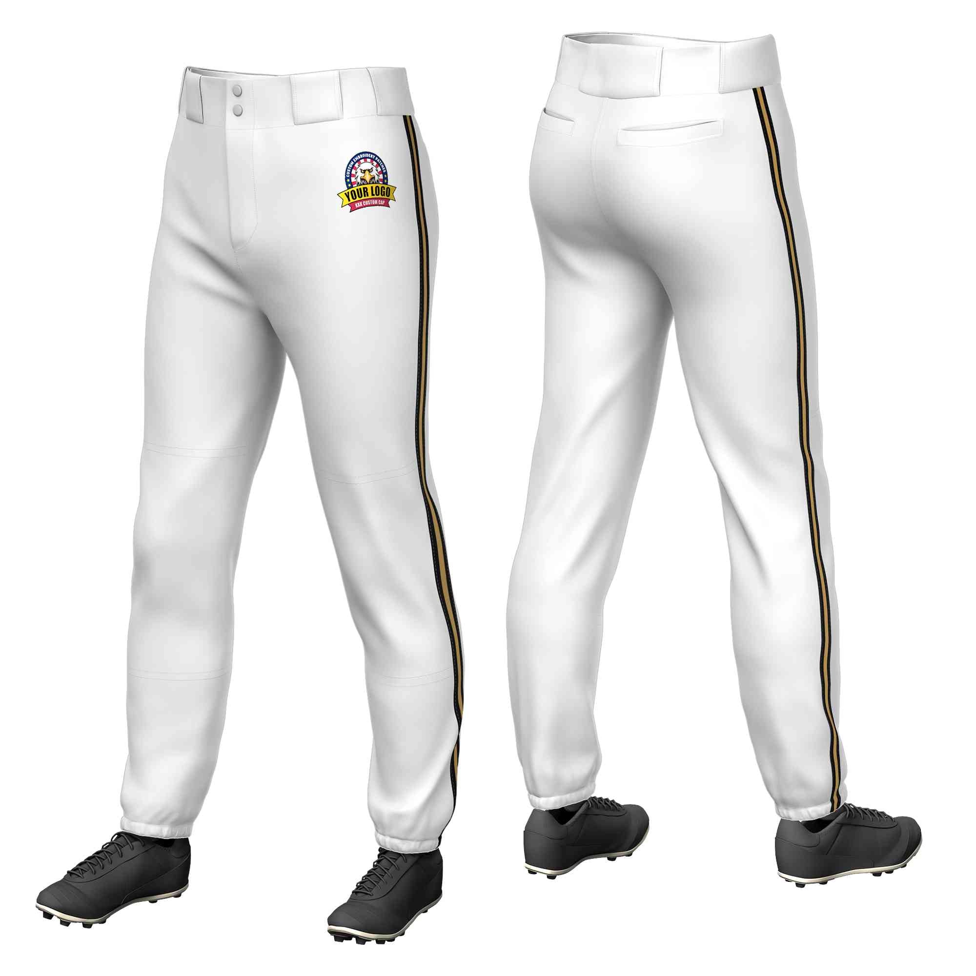 Custom White Black Gold-Black Classic Fit Stretch Practice Pull-up Baseball Pants