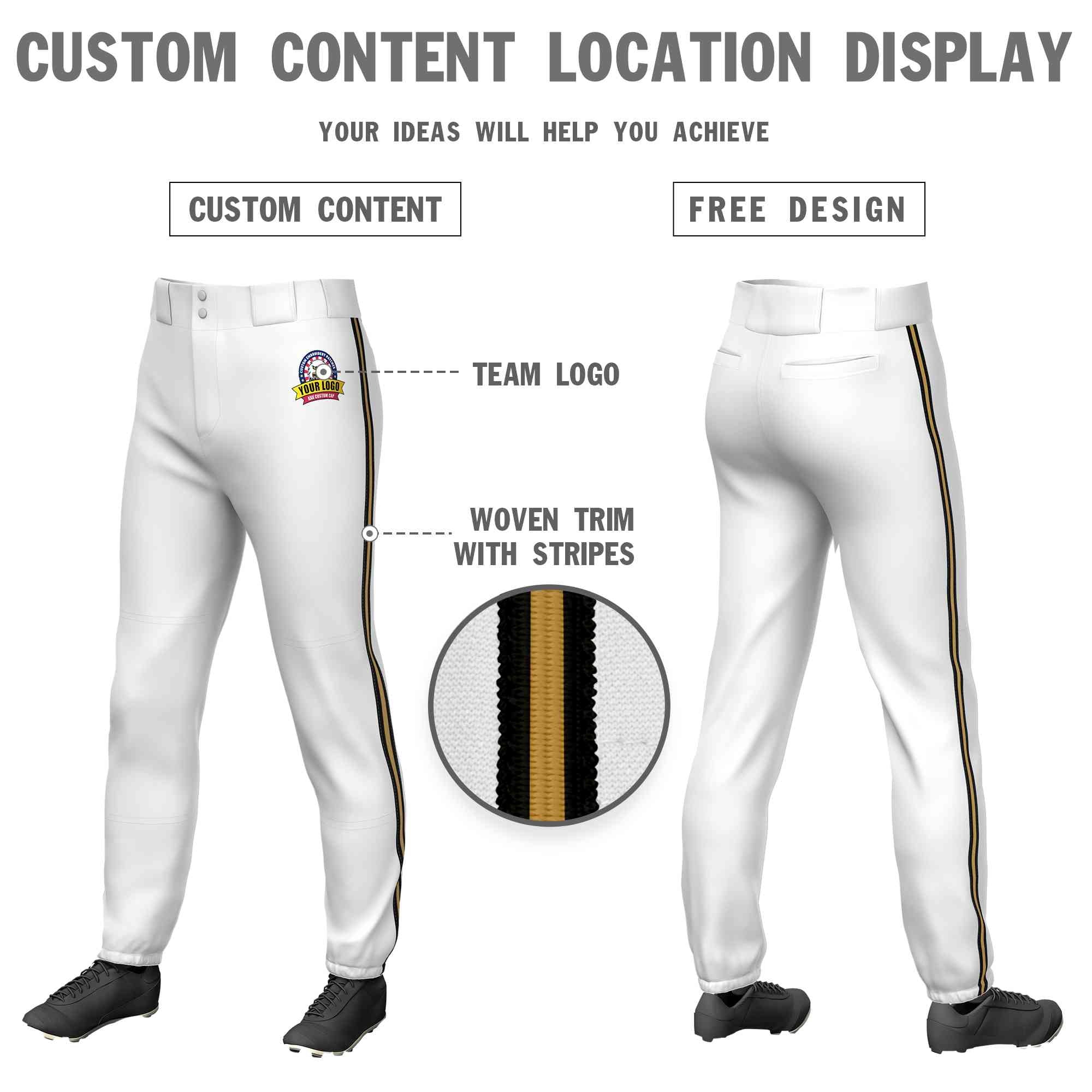 Custom White Black Gold-Black Classic Fit Stretch Practice Pull-up Baseball Pants