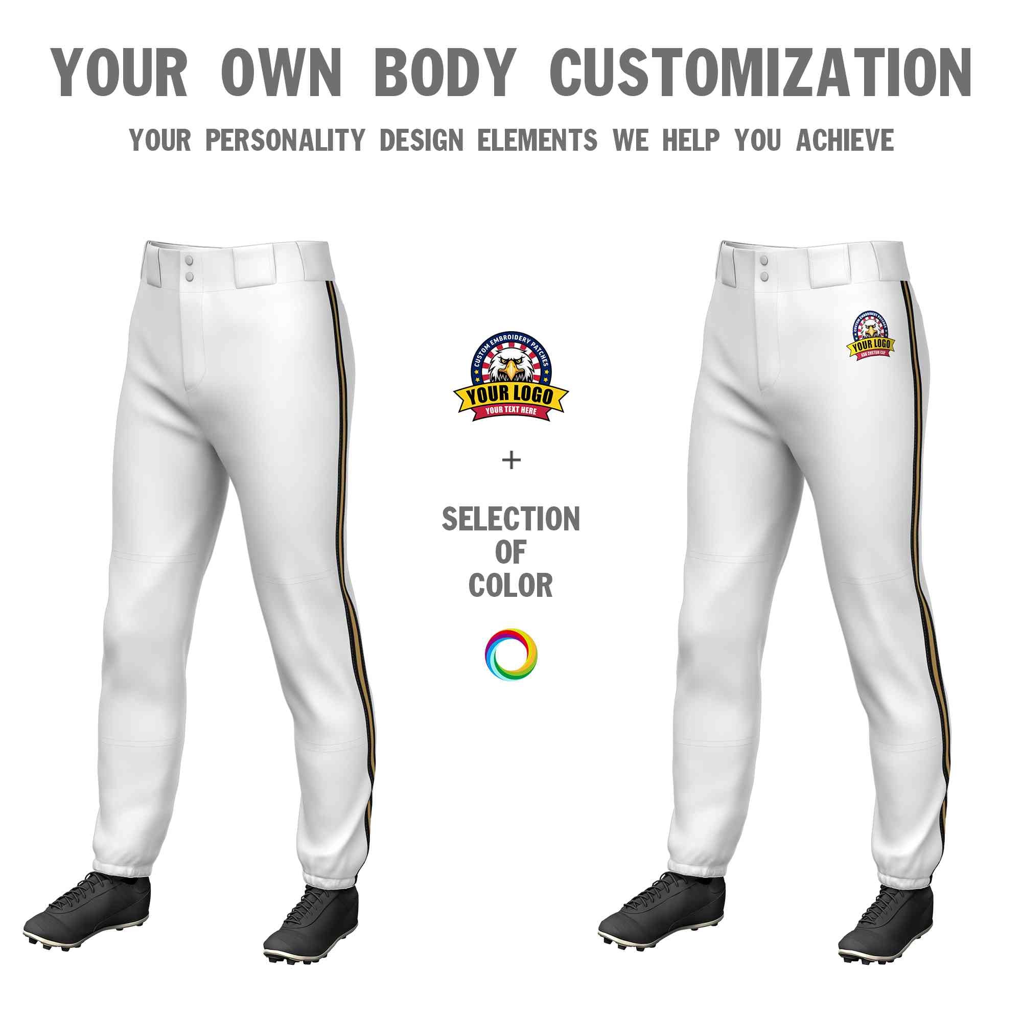 Pantalon de baseball pull-up extensible, coupe classique, personnalisé, blanc, noir, or-noir