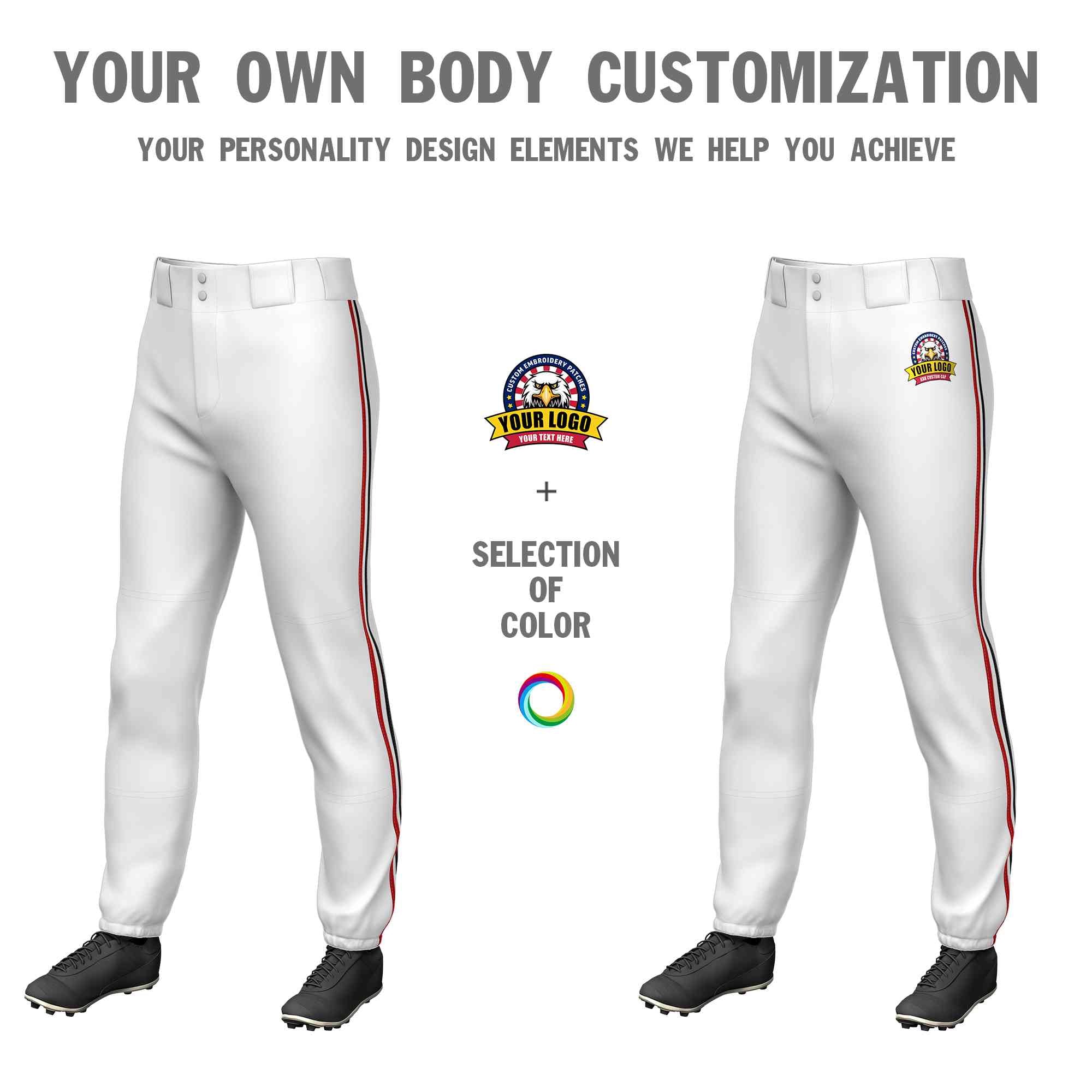 Pantalon de baseball pull-up extensible, coupe classique, personnalisé, blanc, rouge, blanc-noir