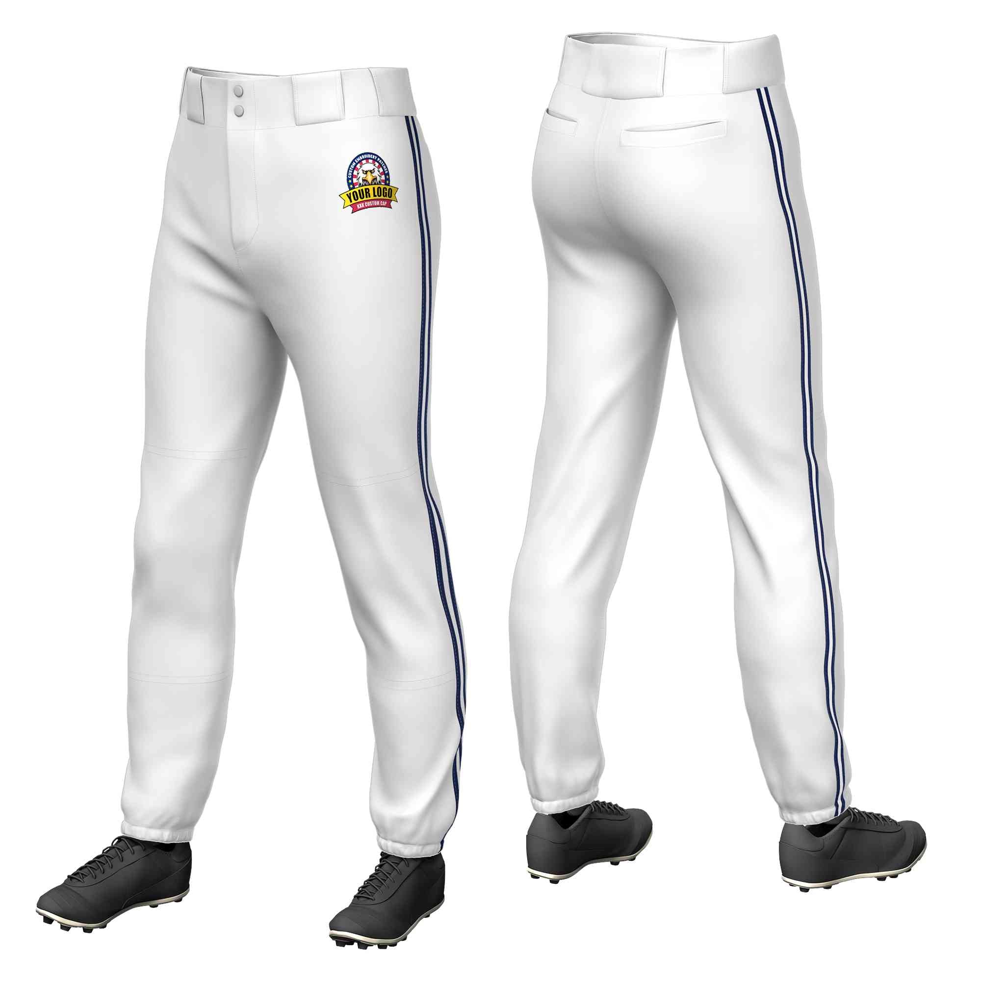 Custom White Navy White-Navy Classic Fit Stretch Practice Pull-up Baseball Pants