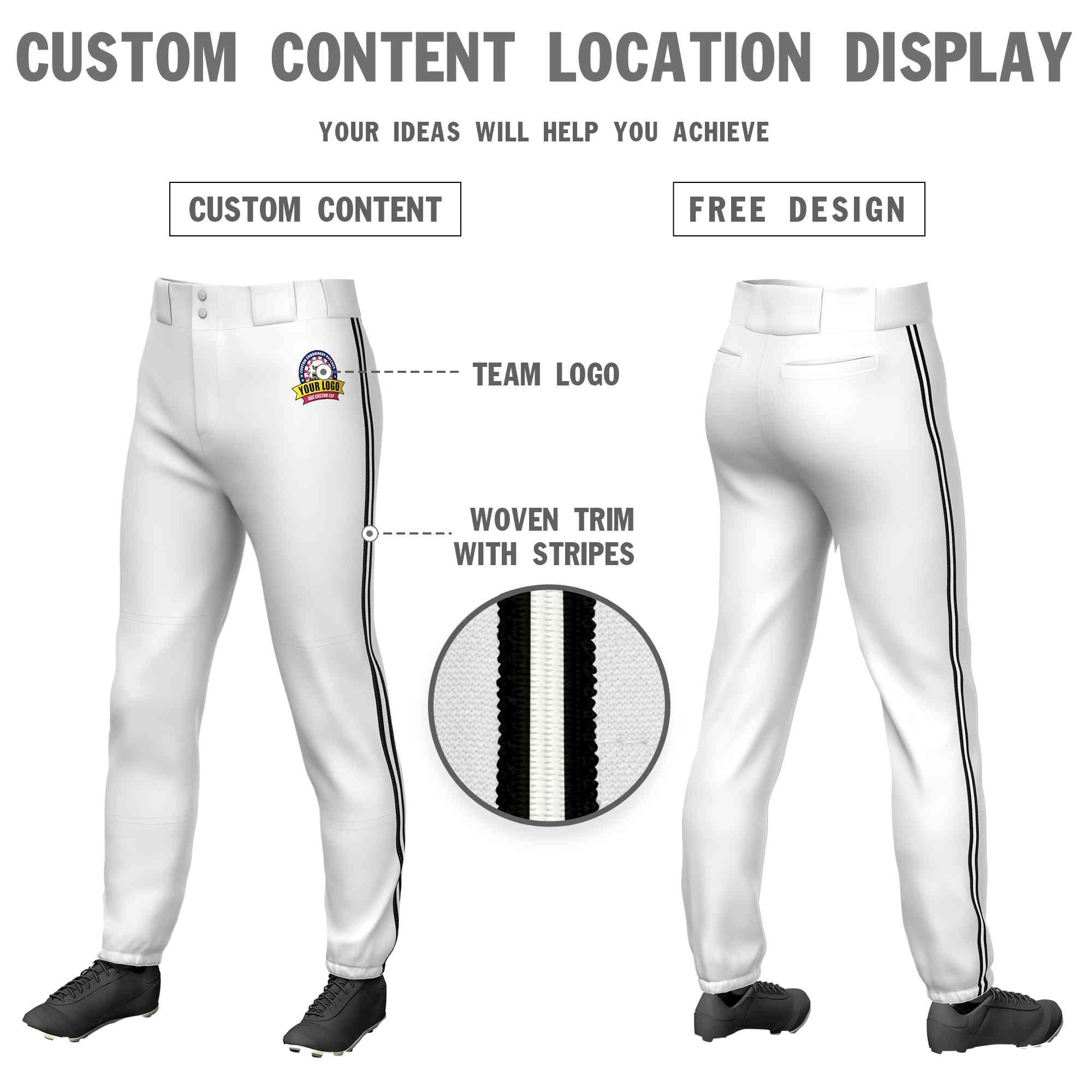 Pantalon de baseball pull-up extensible, coupe classique, personnalisé, blanc, noir, blanc-noir