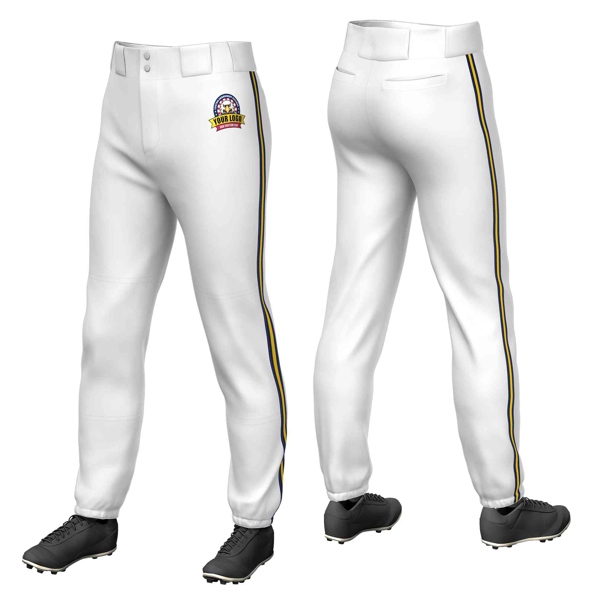 Custom White Navy Gold-Navy Classic Fit Stretch Practice Pull-up Baseball Pants