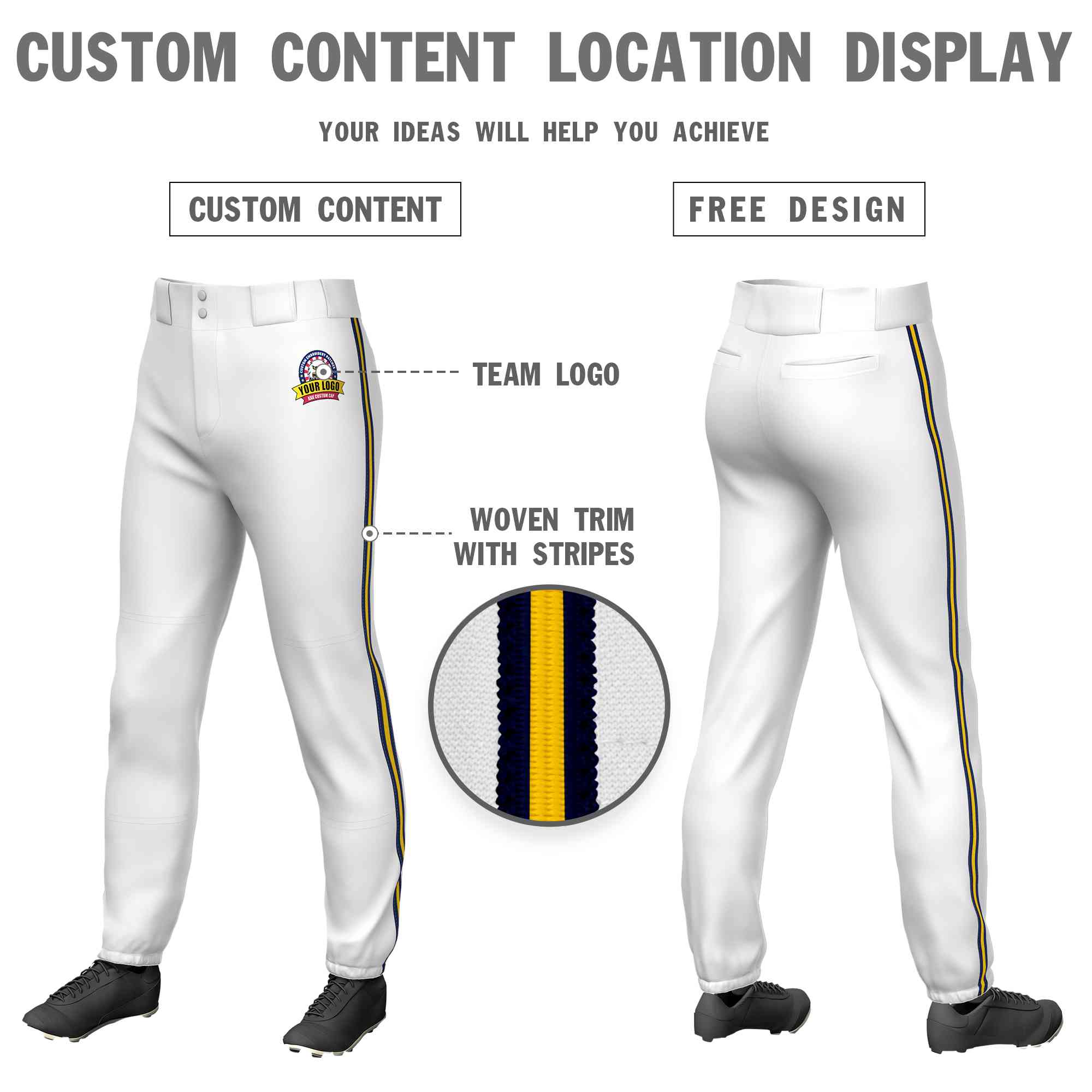 Custom White Navy Gold-Navy Classic Fit Stretch Practice Pull-up Baseball Pants