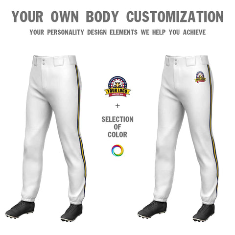 Custom White Navy Gold-Navy Classic Fit Stretch Practice Pull-up Baseball Pants