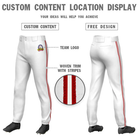 Custom White Red White-Red Classic Fit Stretch Practice Pull-up Baseball Pants