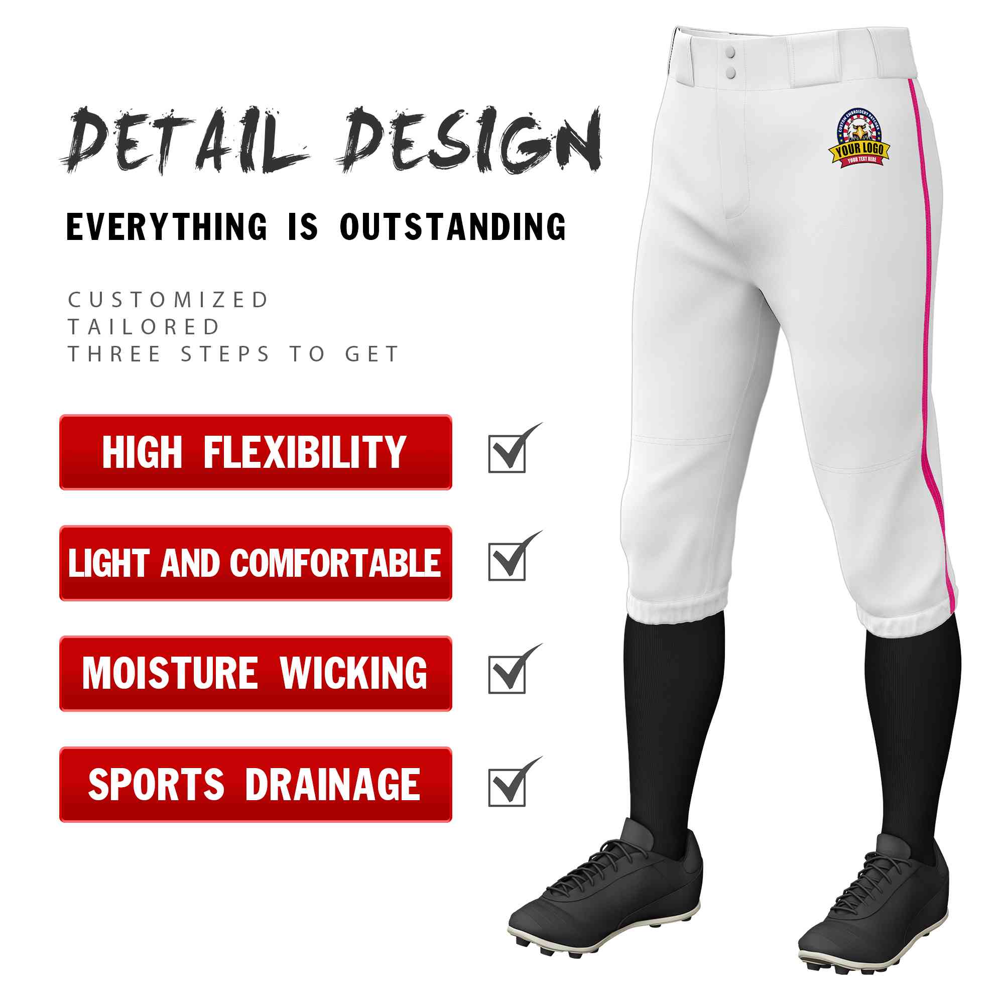 Custom White Pink Classic Fit Stretch Practice Knickers Baseball Pants