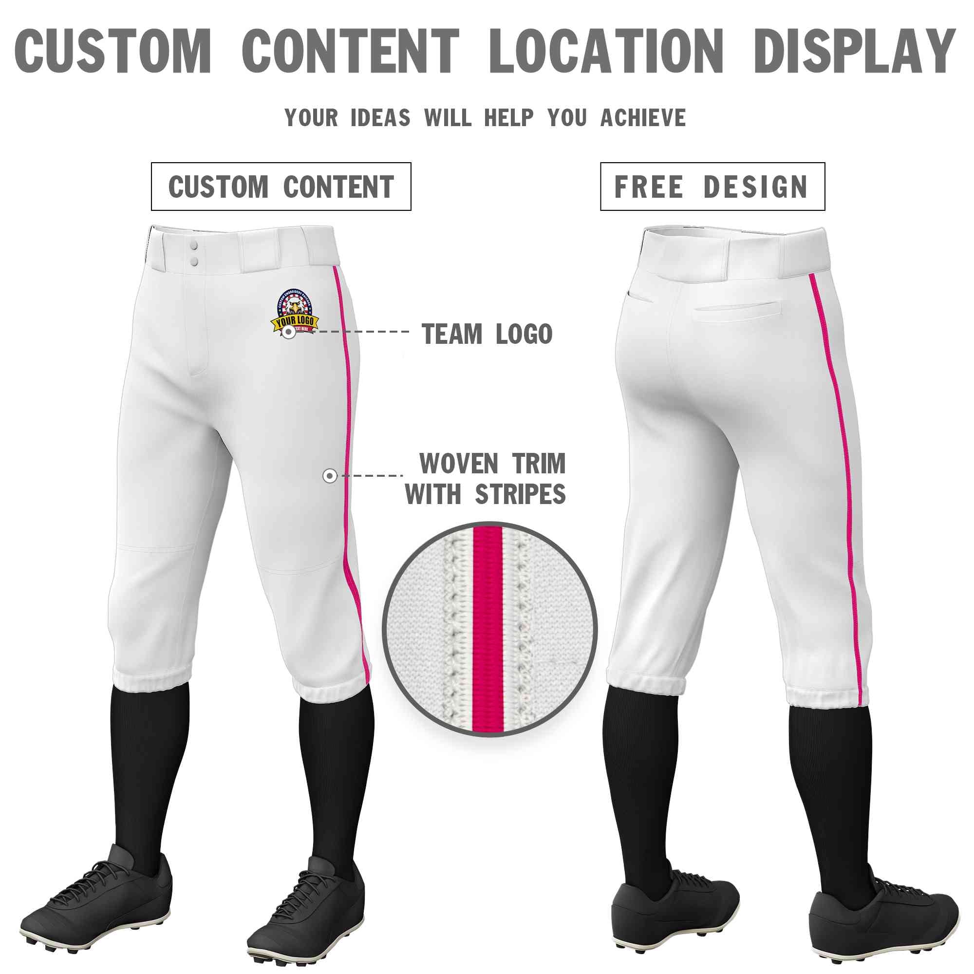 Custom White Pink Classic Fit Stretch Practice Knickers Baseball Pants