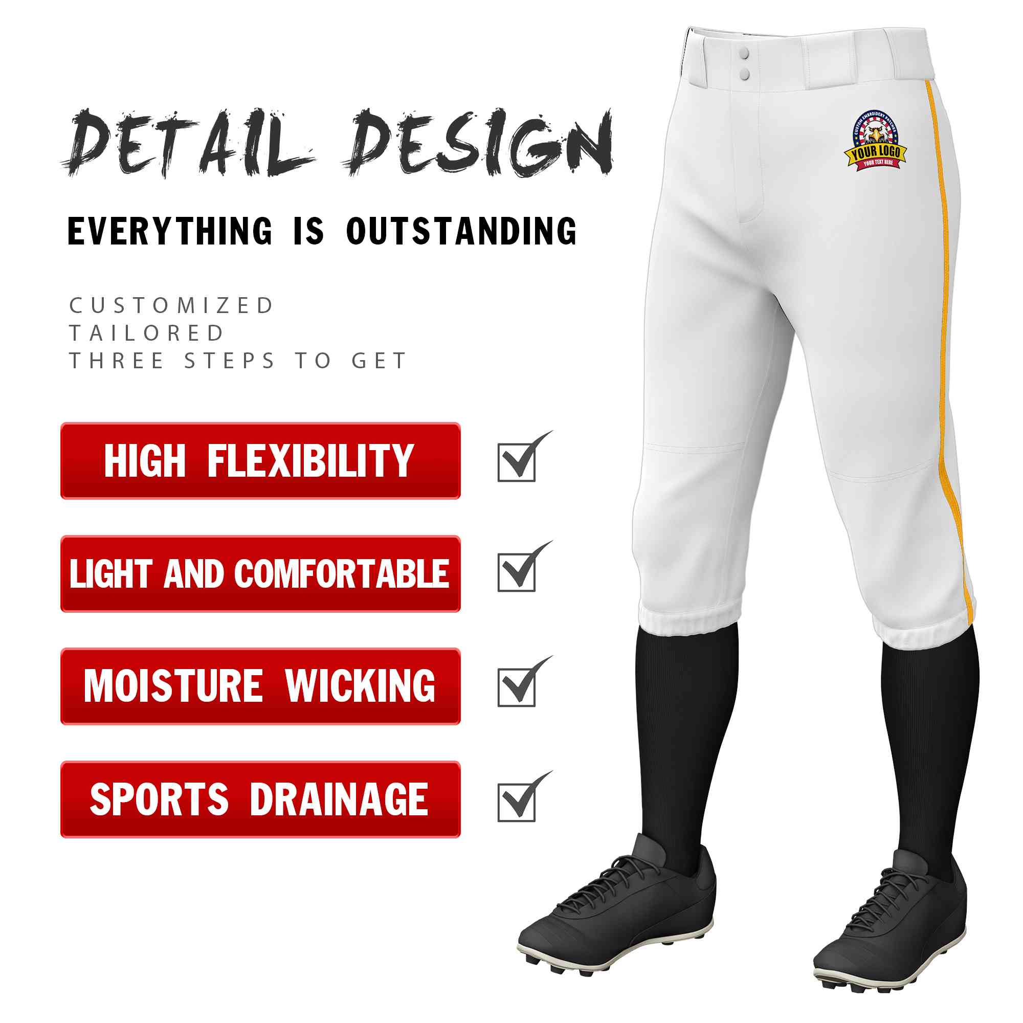 Custom White Yellow Classic Fit Stretch Practice Knickers Baseball Pants