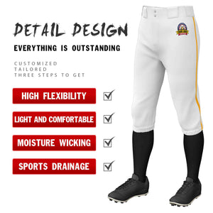 Custom White Yellow Classic Fit Stretch Practice Knickers Baseball Pants