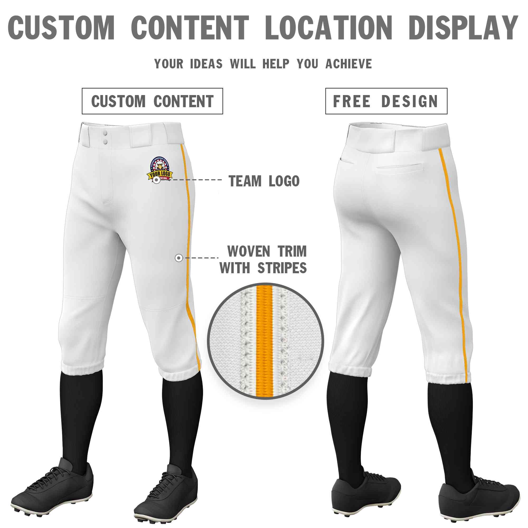 Custom White Yellow Classic Fit Stretch Practice Knickers Baseball Pants