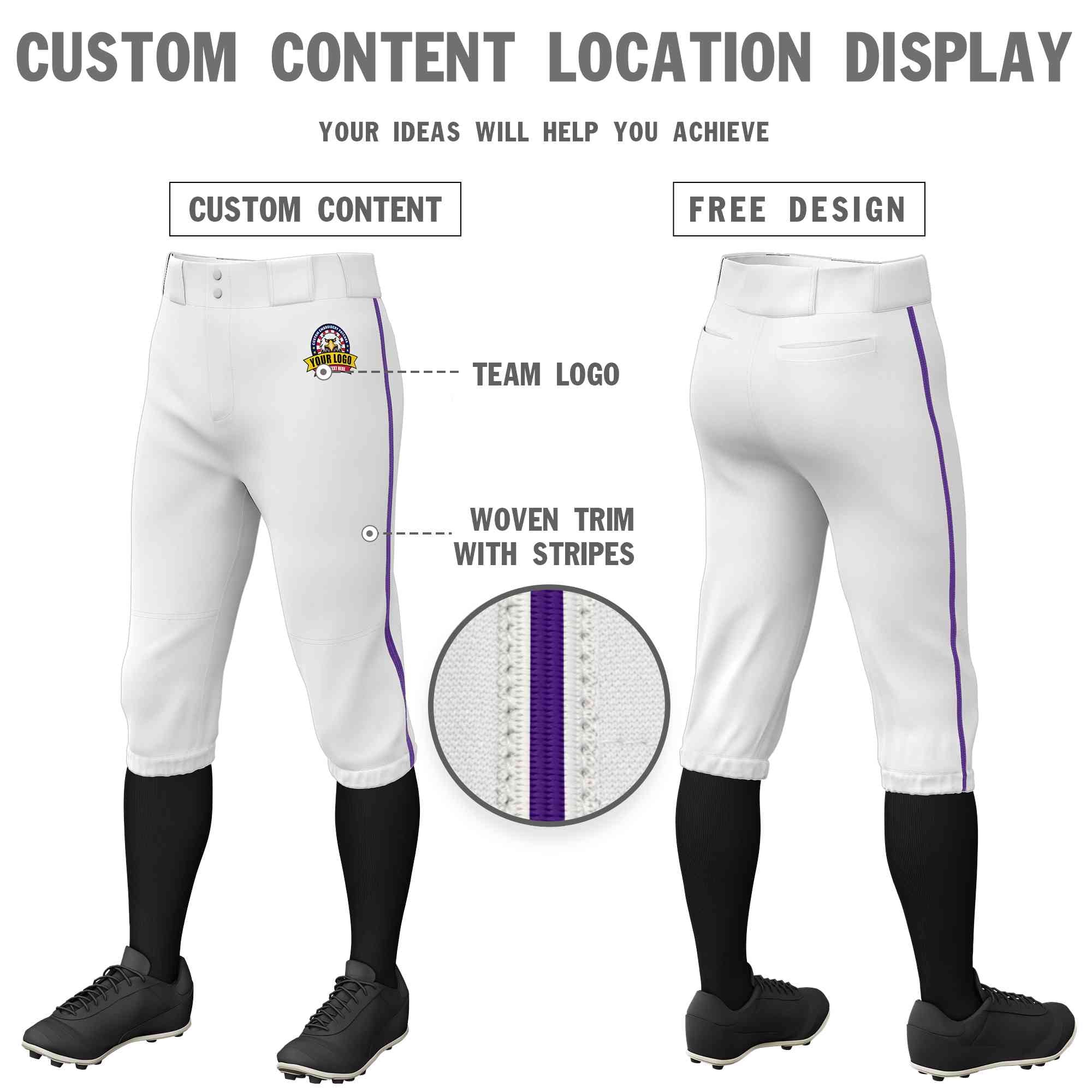 Custom White Purple Classic Fit Stretch Practice Knickers Baseball Pants