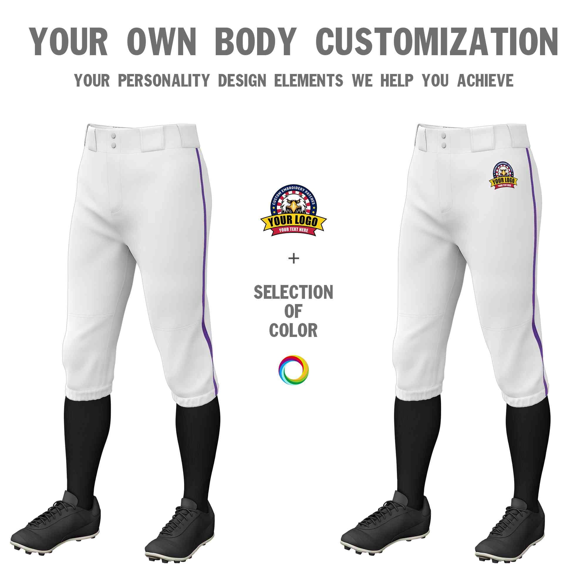 Pantalon de baseball personnalisé, blanc, violet, coupe classique, culotte d'entraînement extensible