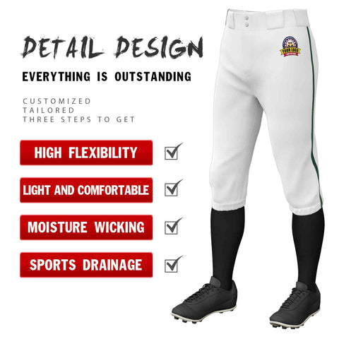 Custom White Green Classic Fit Stretch Practice Knickers Baseball Pants