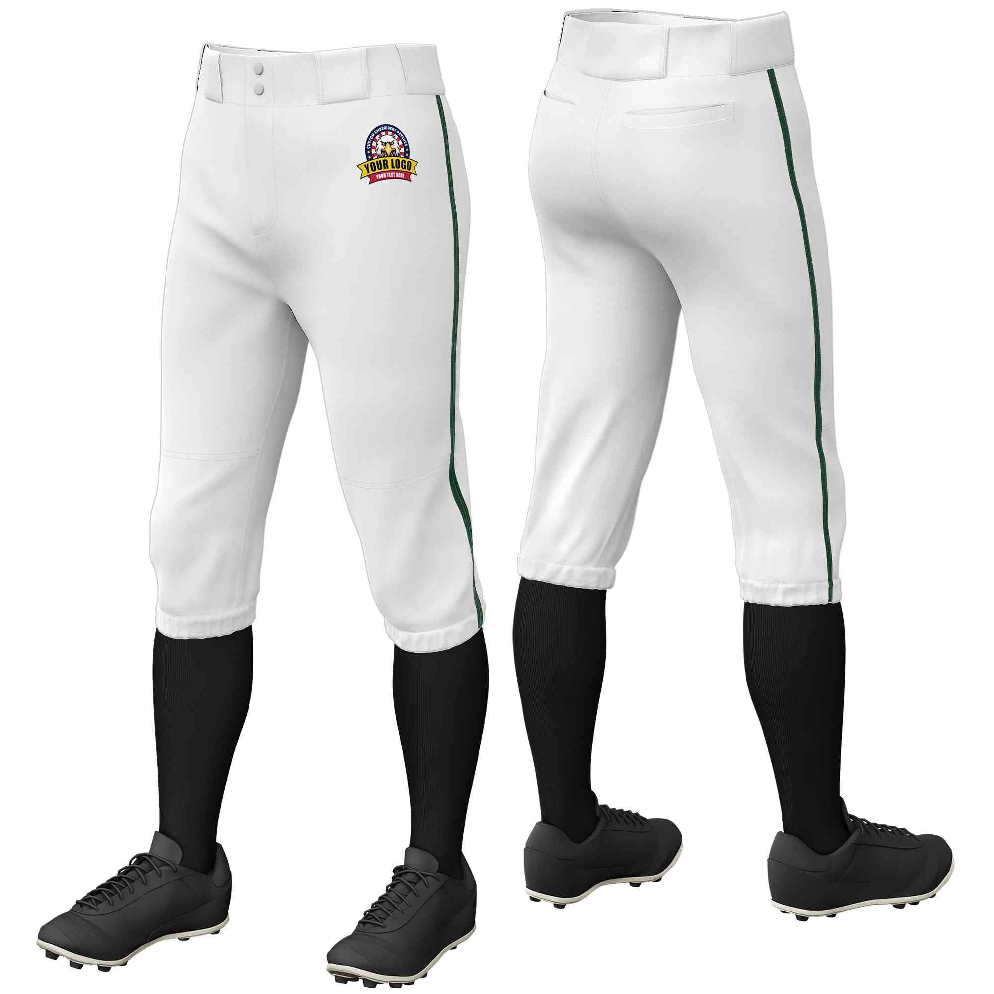 Custom White Green Classic Fit Stretch Practice Knickers Baseball Pants