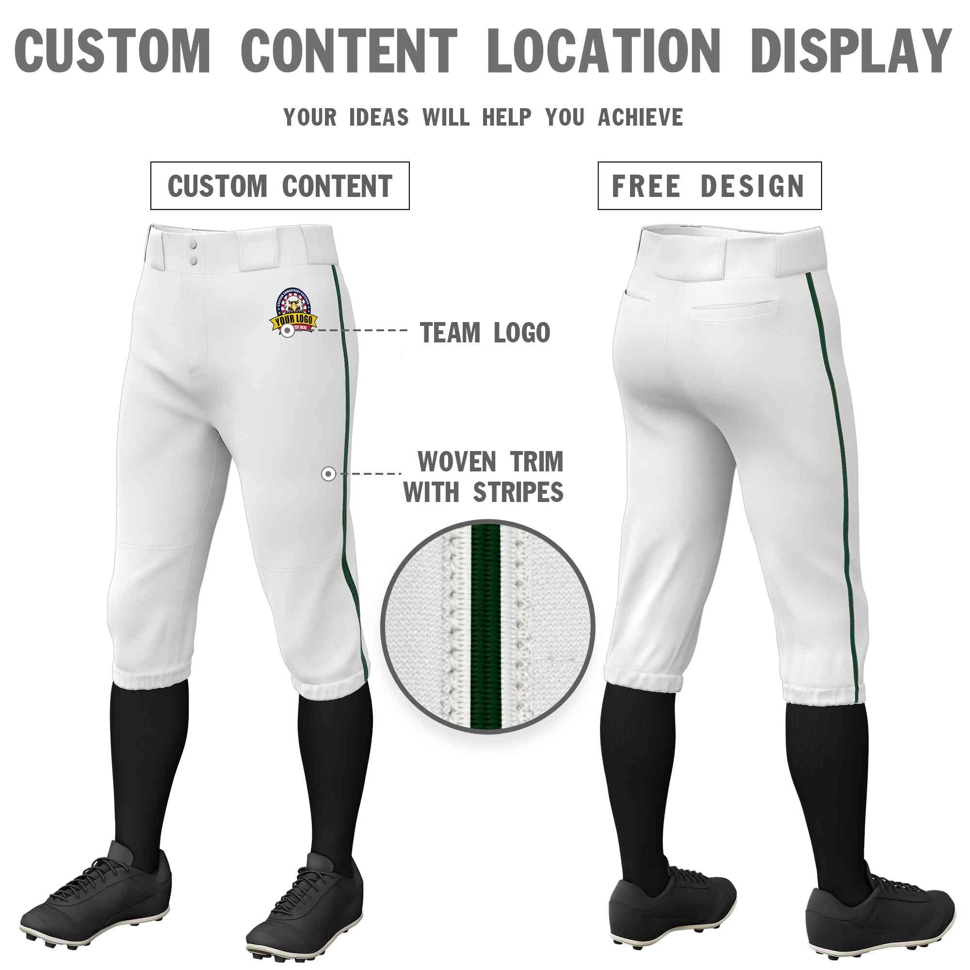 Custom White Green Classic Fit Stretch Practice Knickers Baseball Pants